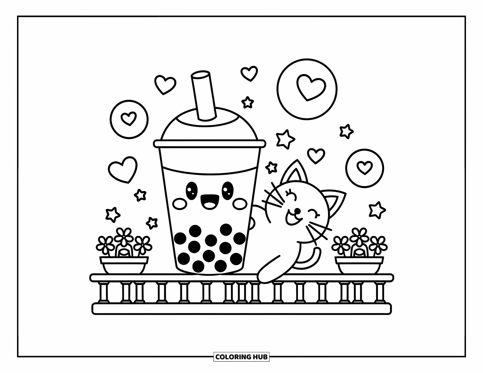 Boba Tea Kleurplaat voor Volwassenen: Een vrolijke boba beker staat op een cafÈbalkon met bloempotten en zwevende bubbels