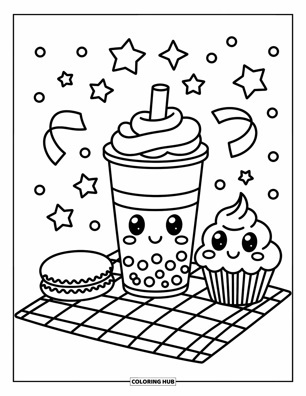Boba Tea Kleurplaat voor Volwassenen: Een vrolijke boba beker staat op een picknickkleed met een macaron, cupcake en zwevende sterren