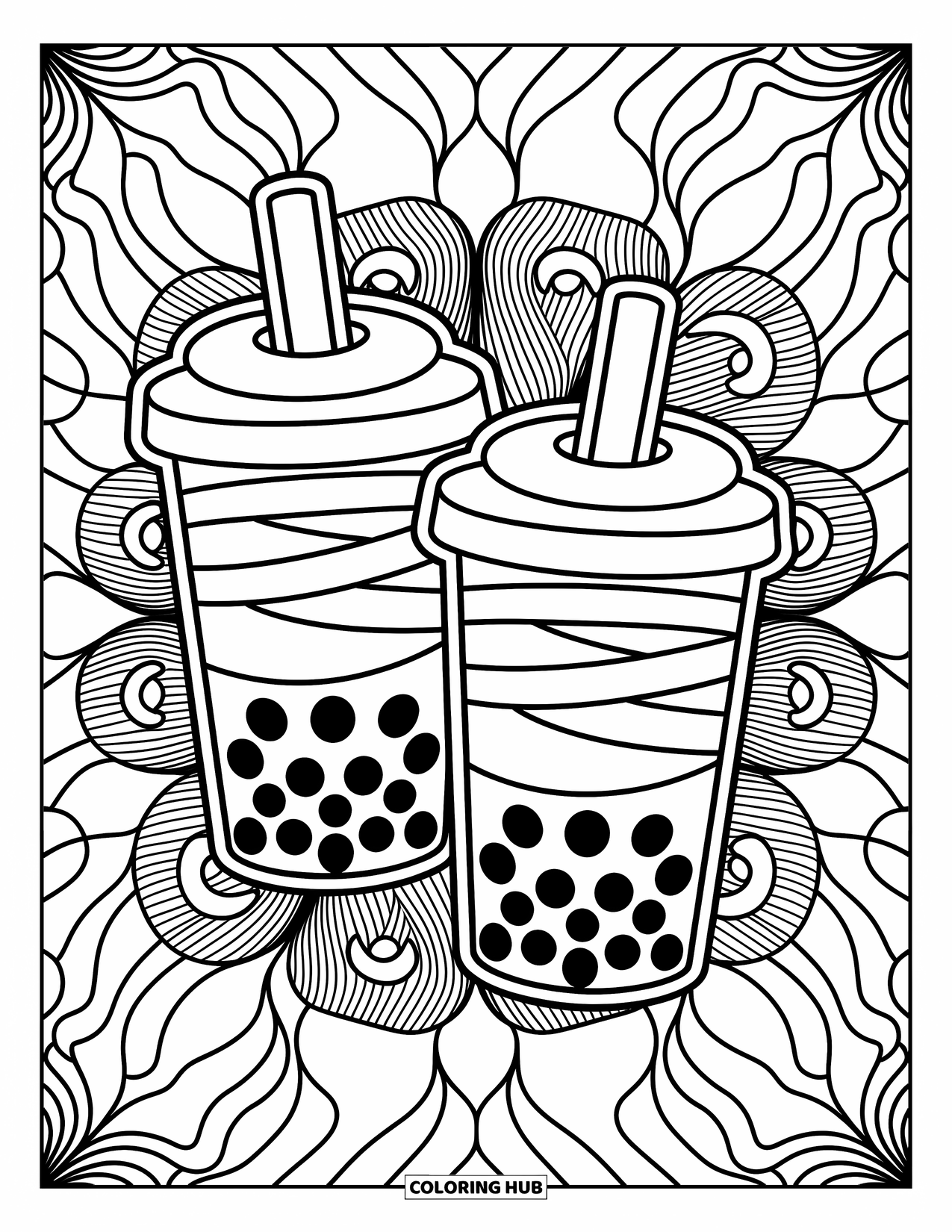Boba Tea Kleurplaat voor Volwassenen: Een paar boba bekers met linten rusten voor een achtergrond van gedetailleerde filigraan patronen