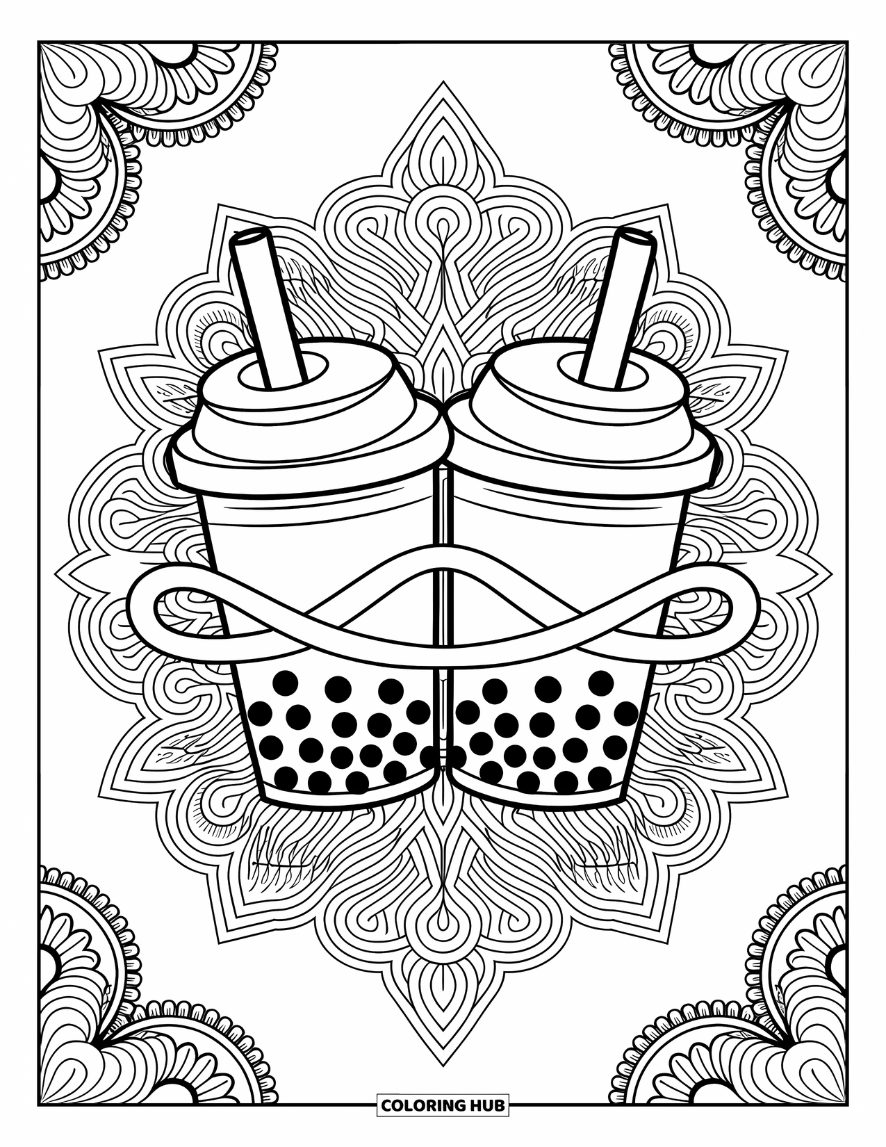 Boba Tea Kleurplaat voor Volwassenen: Een paar boba bekers met linten staan voor elegante filigraan patronen