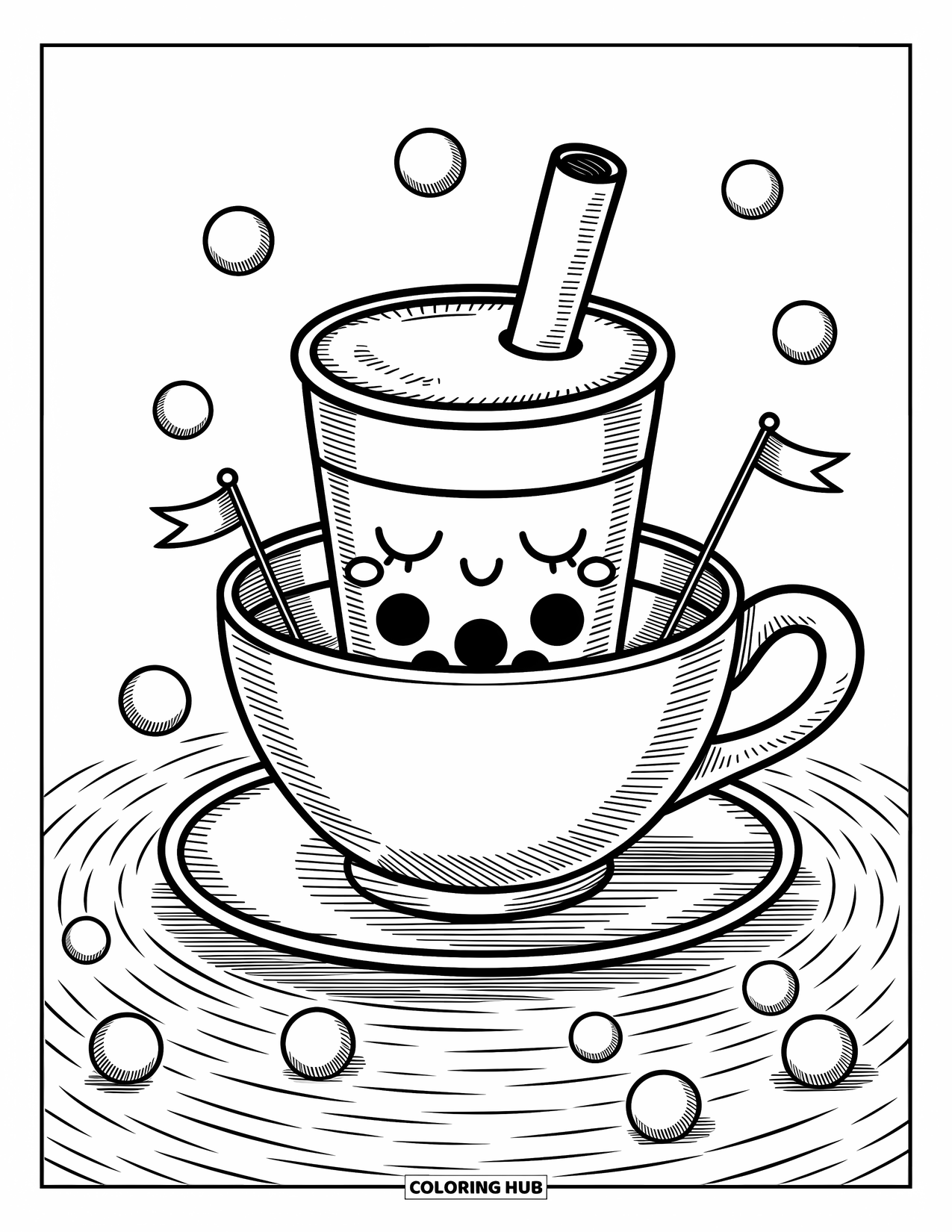 Boba Tea Kleurplaat voor Volwassenen: Een vredige boba beker zit in een theekopboot met parels die kleine vlaggetjes vasthouden