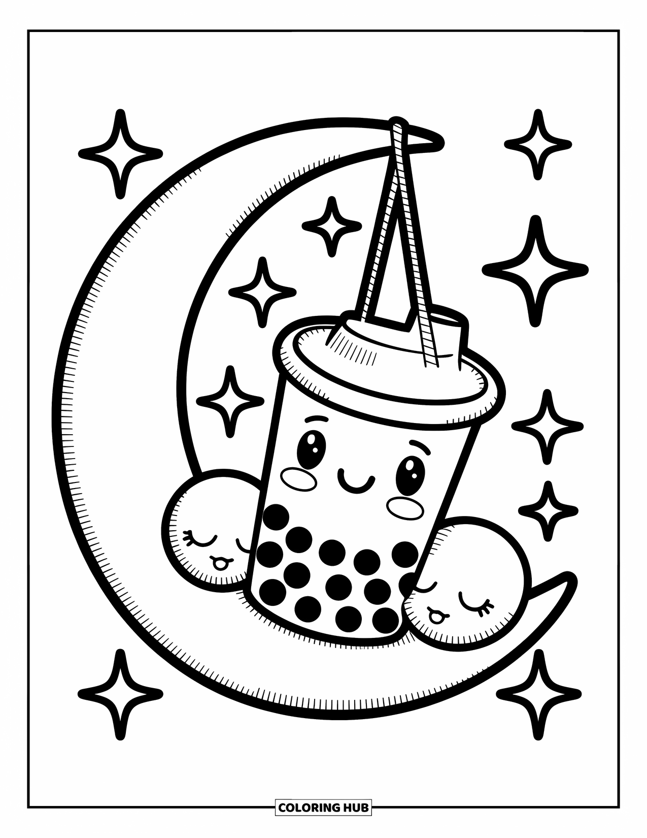 Boba Tea Kleurplaat voor Volwassenen: Een ronde boba beker rust in een maan hangmat, omringd door fonkelende sterren en parels