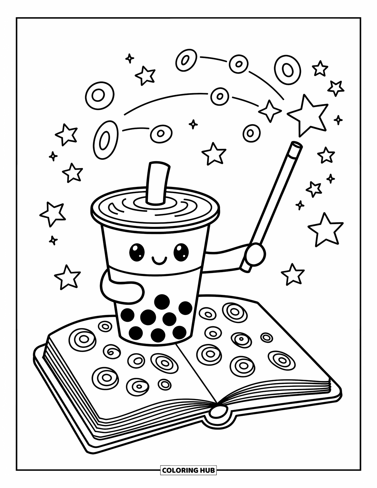 Boba Tea Kleurplaat voor Volwassenen: Een kleine boba goochelaar houdt een toverstaf vast en zit naast een open spreukenboek met magie