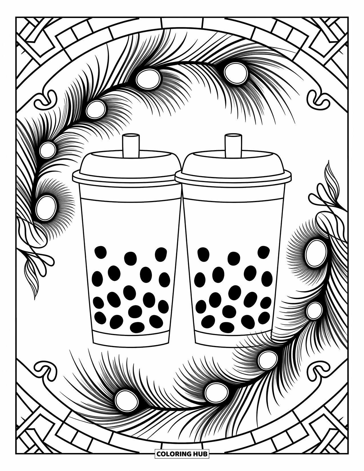 Boba Tea Kleurplaat voor Volwassenen: Twee boba bekers zitten tussen pauwenveren met ingewikkelde lijnen en sierlijke patronen