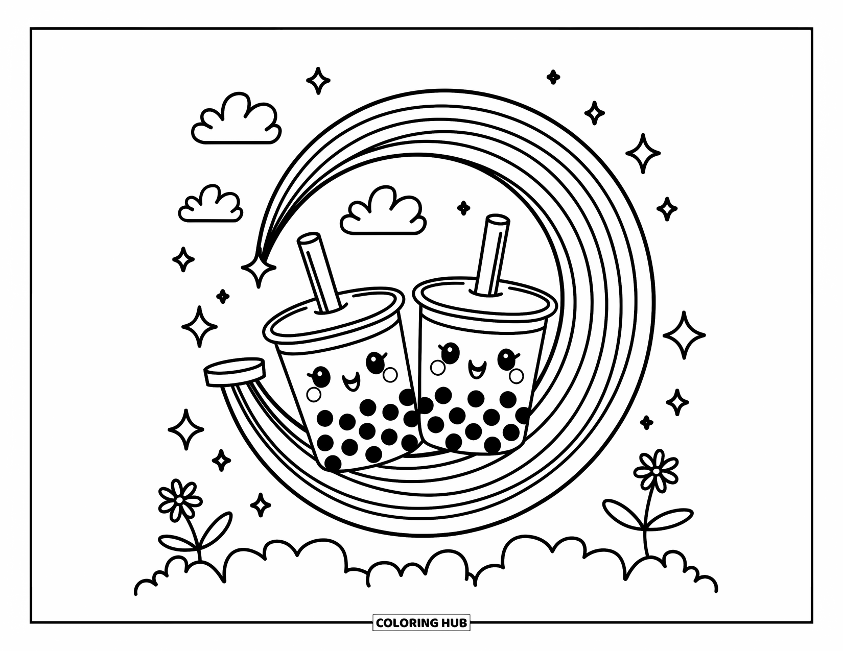 Boba Tea Kleurplaat voor Volwassenen: Twee boba bekers zitten op een regenboogschommel met kleine bloemen en krullende lijnen eromheen