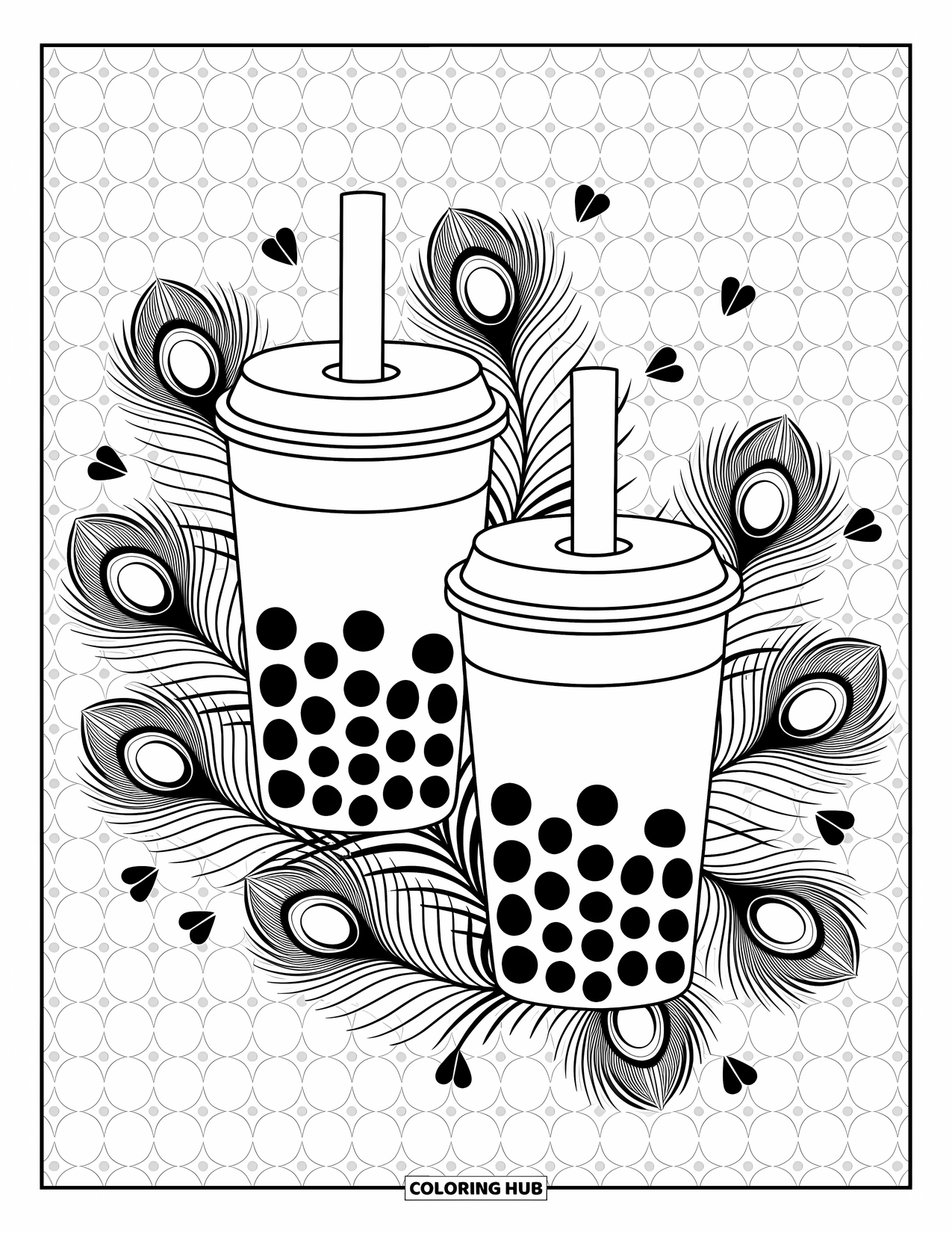 Boba Tea Kleurplaat voor Volwassenen: Twee boba bekers staan omlijst door pauwenveren en delicate abstracte vormen