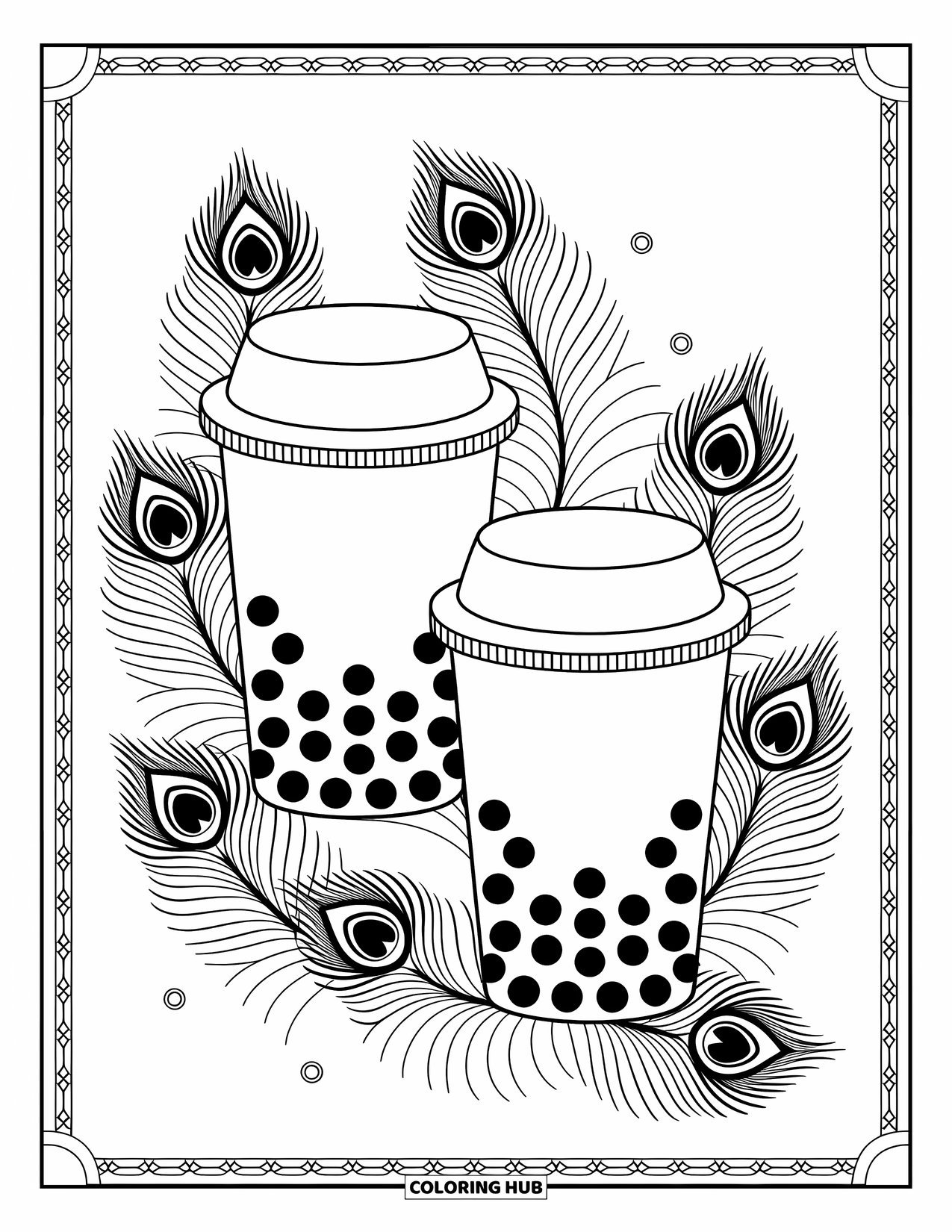 Boba Tea Kleurplaat voor Volwassenen: Twee boba bekers staan met elegante pauwenveren en decoratieve abstracte vormen