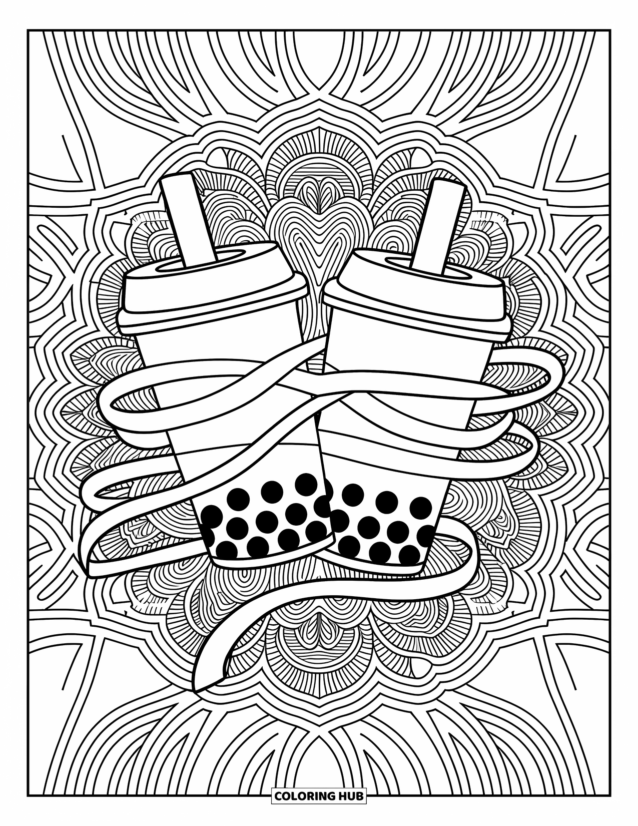 Boba Tea Kleurplaat voor Volwassenen: Twee boba bekers met verstrengelde linten zitten tussen gelaagde filigraan patroon achtergronden