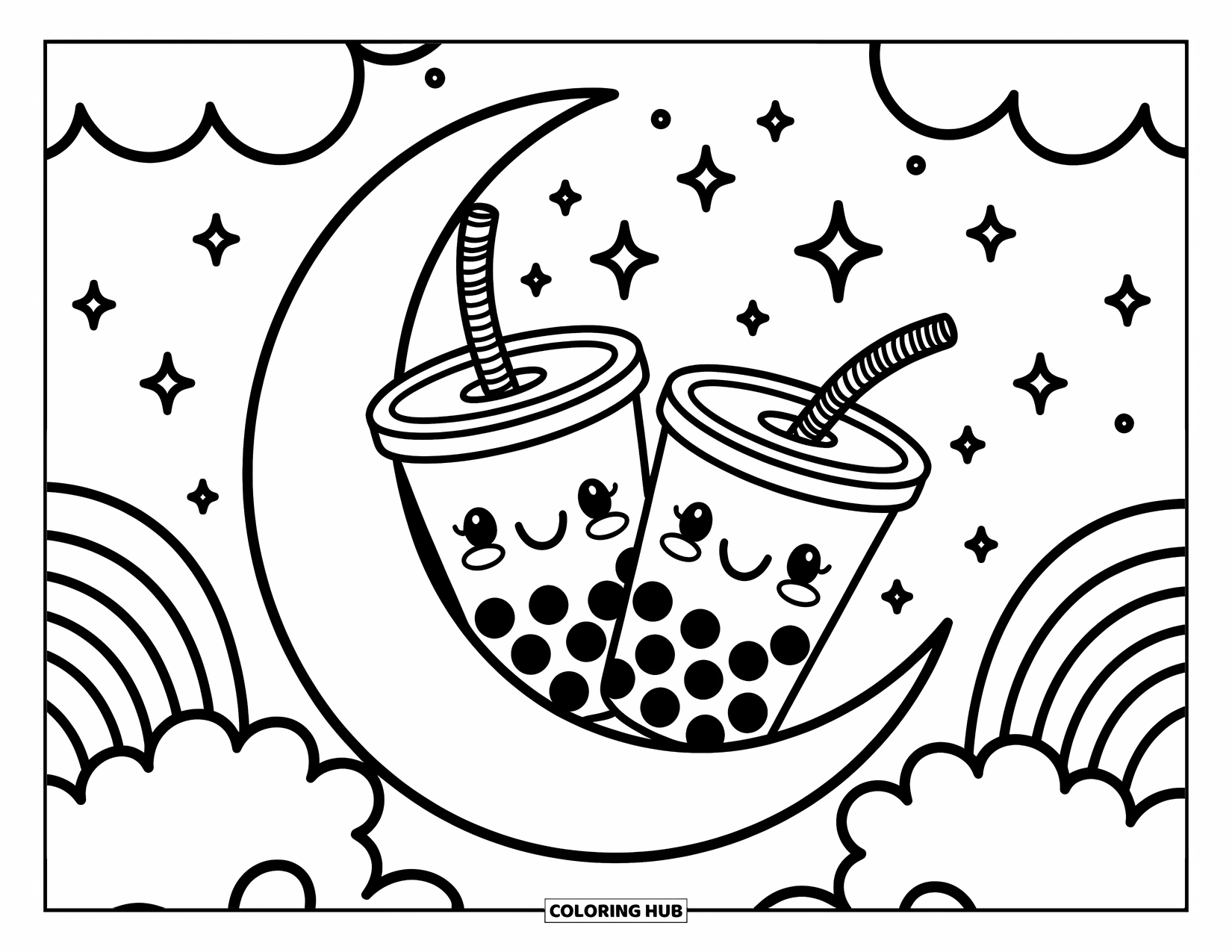 Boba Tea Kleurplaat voor Volwassenen: Twee boba bekers met lachende rietjes zwaaien op een regenboogschommel tussen zachte wolken