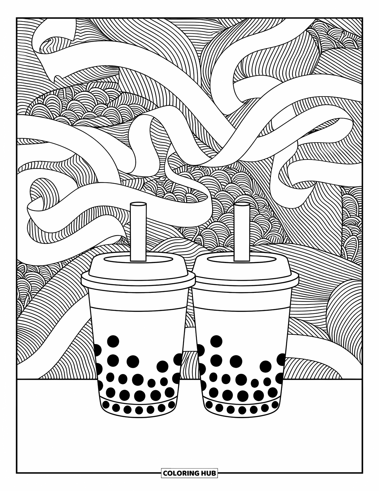 Boba Tea Kleurplaat voor Volwassenen: Twee boba bekers gewikkeld in linten zijn geplaatst tegen ingewikkelde, vloeiende filigraan ontwerpen