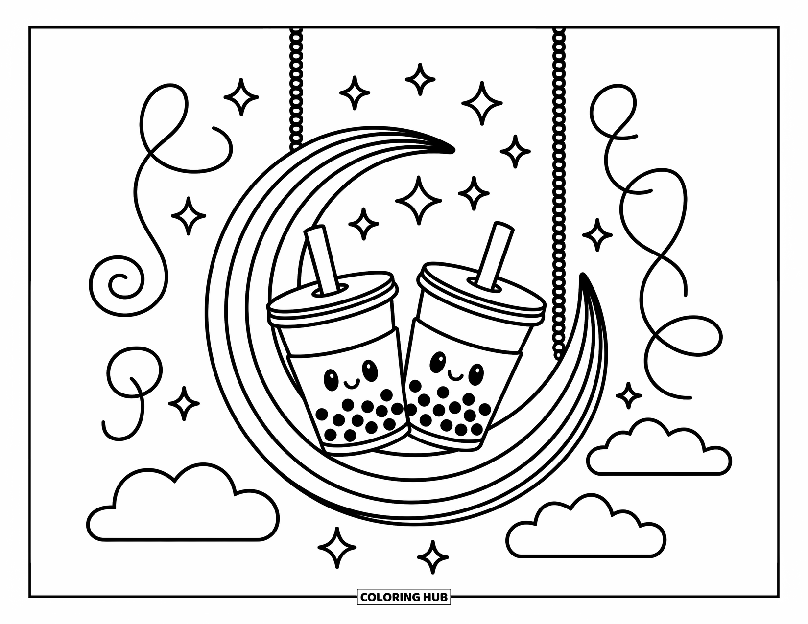 Boba Tea Kleurplaat voor Volwassenen: Twee knusse boba bekers rusten op een regenboogschommel, omringd door glitters en speelse lijnen