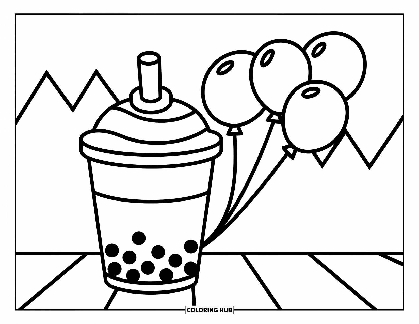 Boba Tea Kleurplaat voor Kinderen: Een grote boba-beker met ballonnen die rondzweven en eenvoudige zigzagpatronen op de achtergrond