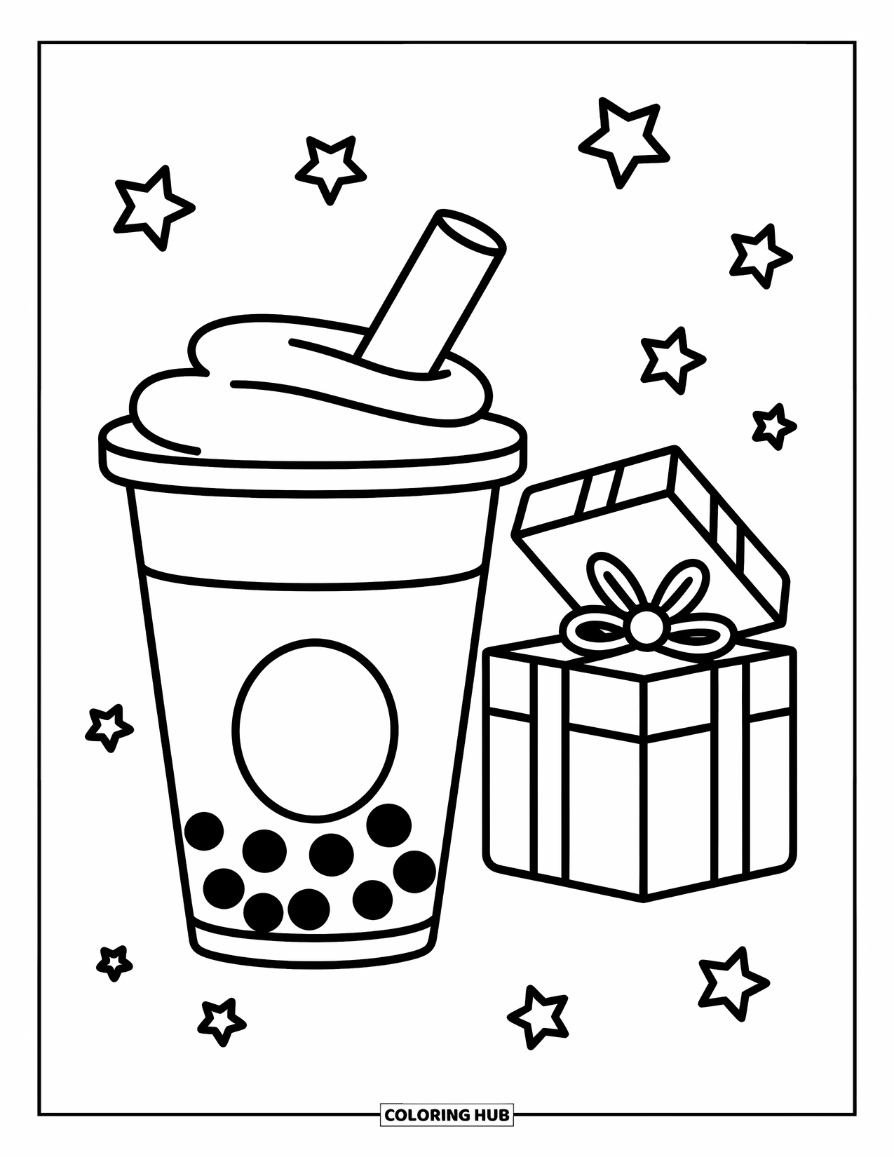 Boba Tea Kleurplaat voor Kinderen: Een boba beker en een open geschenkdoos met sterren die zachtjes erboven zweven