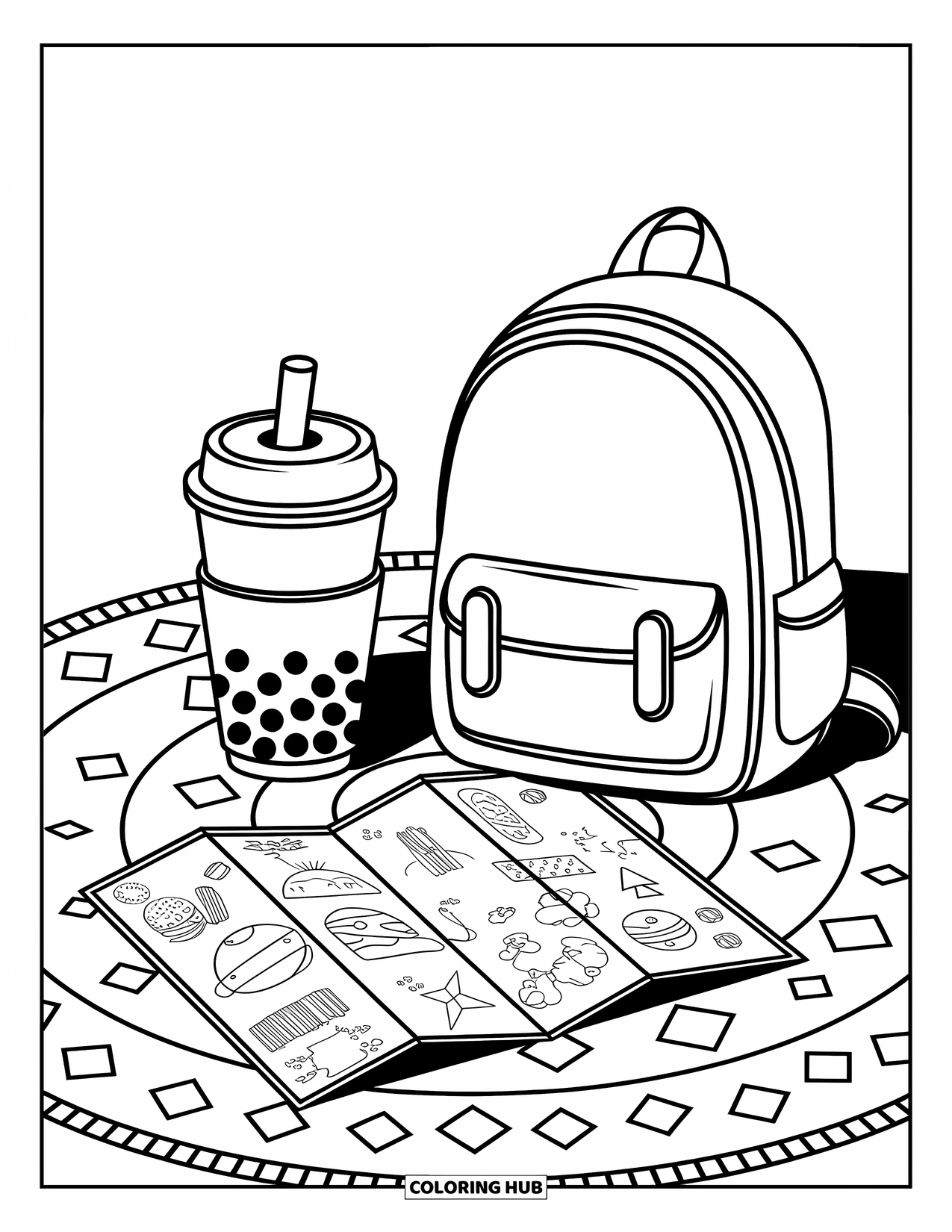 Boba Tea Kleurplaat voor Kinderen: Een boba-beker en rugzak zitten op een kleed met een eenvoudige kaart vol leuke iconen