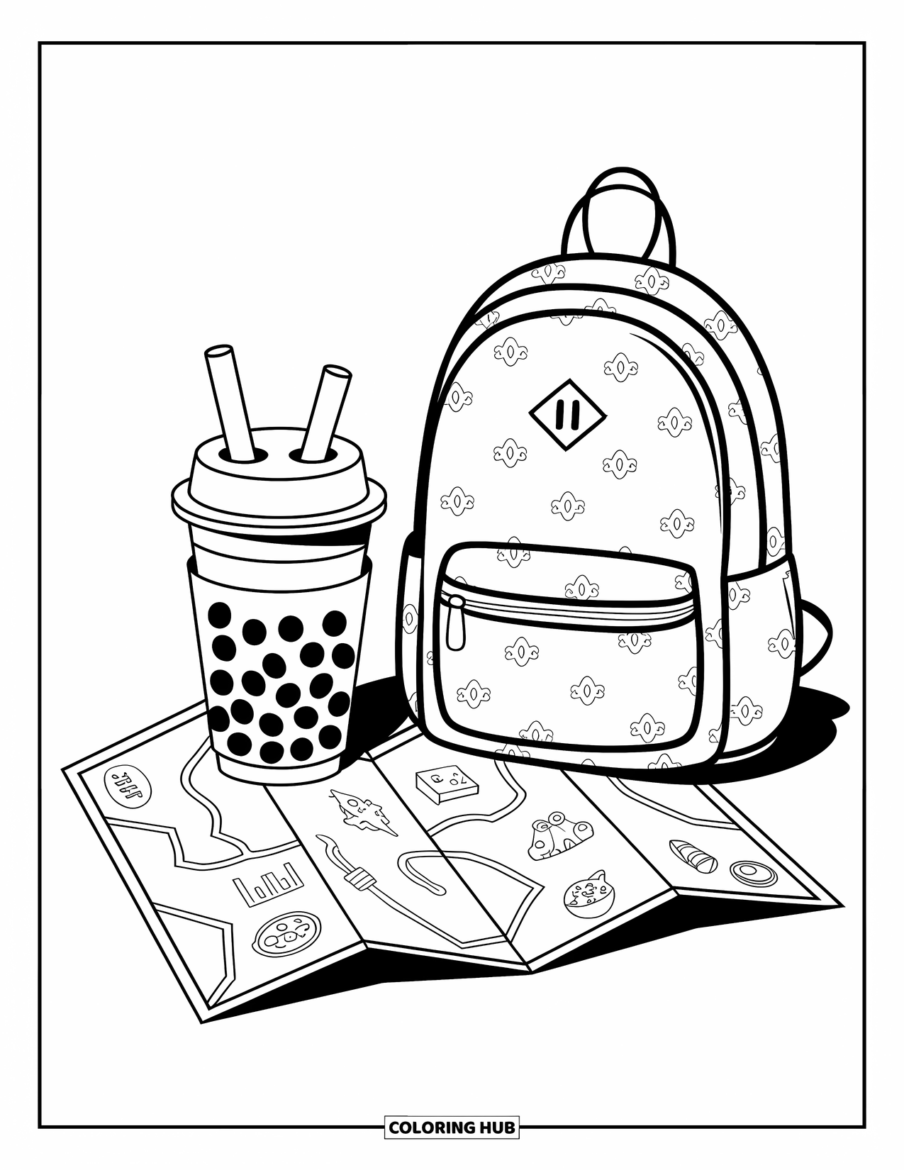 Boba Tea Kleurplaat voor Kinderen: Een boba beker en een rugzak met patronen rusten naast een kaart met speelse iconen
