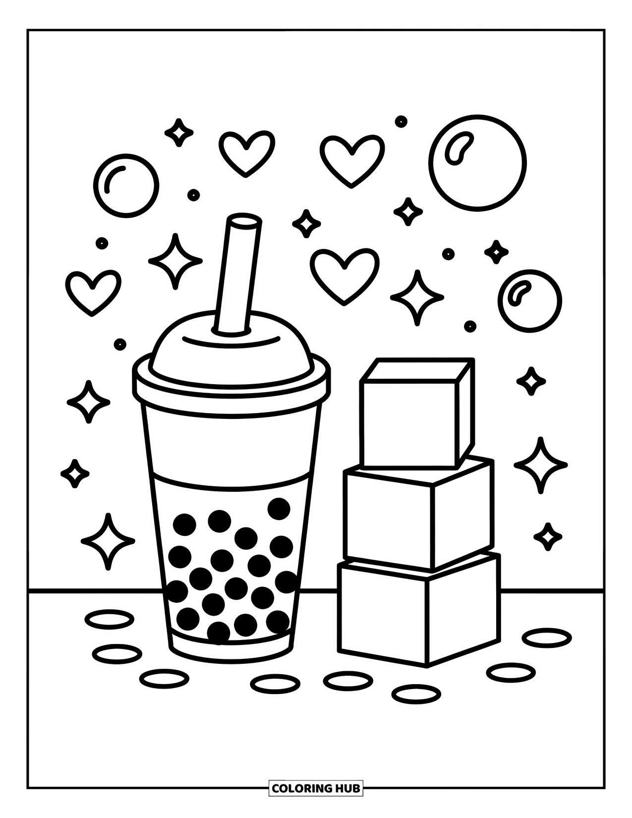 Boba Tea Kleurplaat voor Kinderen: Een boba beker en bouwstenen met grillige bubbels en harten eromheen
