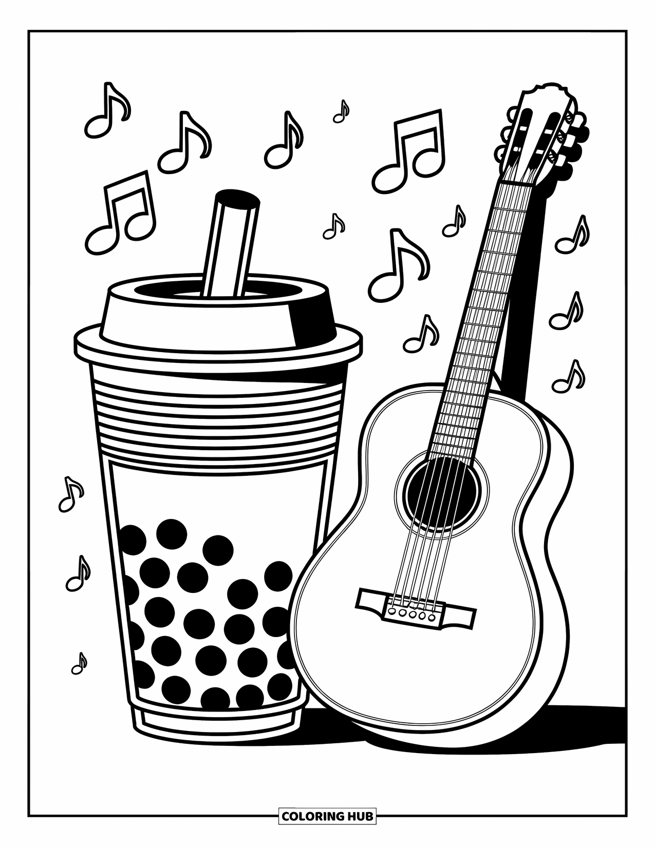 Boba Tea Kleurplaat voor Kinderen: Een boba-beker en gitaar zijn omringd door dansende muzieknoten in een levendige scène