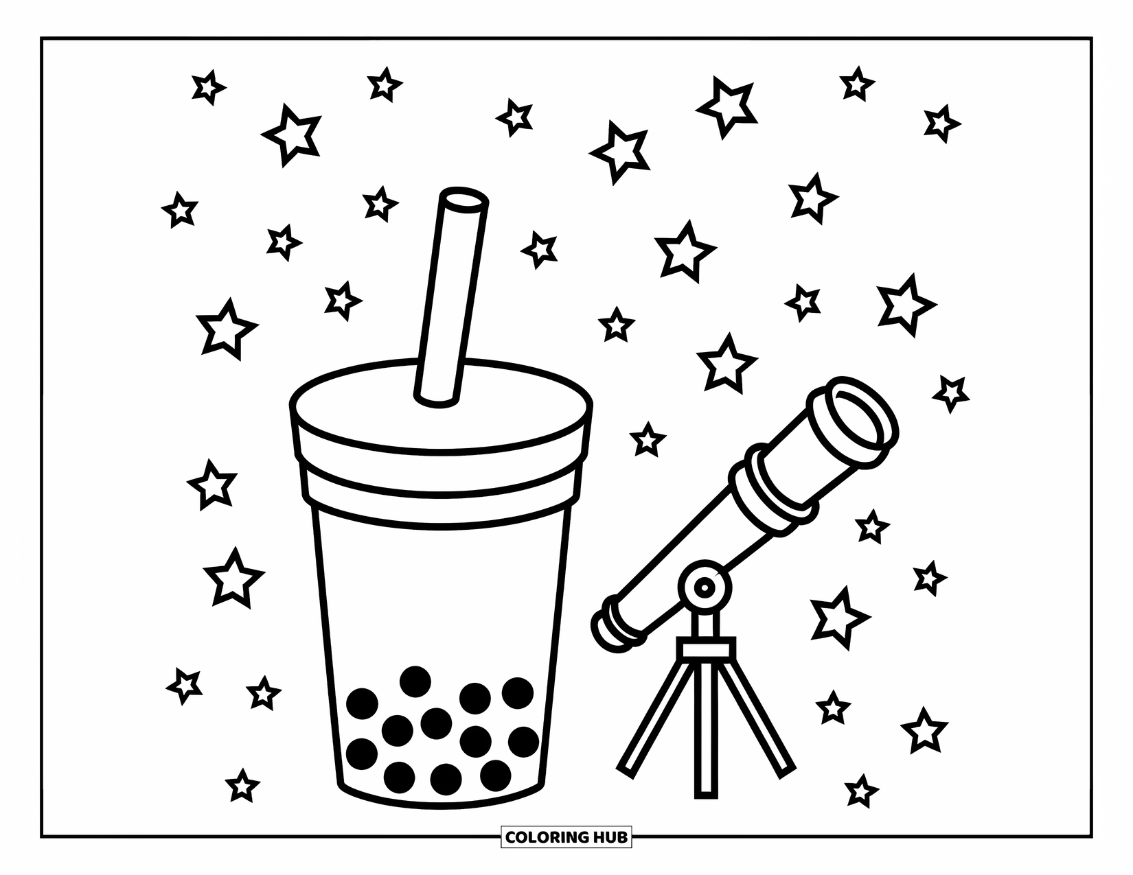 Boba Tea Kleurplaat voor Kinderen: Een boba-beker en telescoop kijken naar een sterrenhemel vol grillige, sprankelende sterren