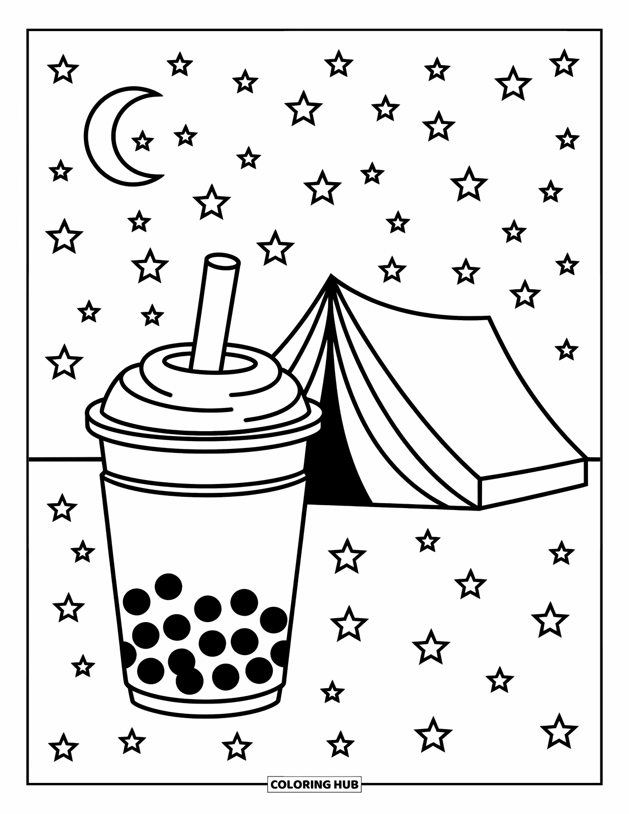 Boba Tea Kleurplaat voor Kinderen: Een boba-beker en tent rusten onder een sterrenhemel met zachte, dromerige details