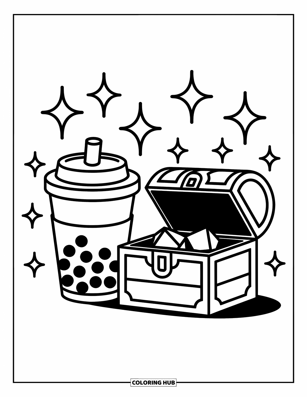 Boba Tea Kleurplaat voor Kinderen: Een boba-beker en schatkist zitten zij aan zij met sprankelende edelstenen eromheen