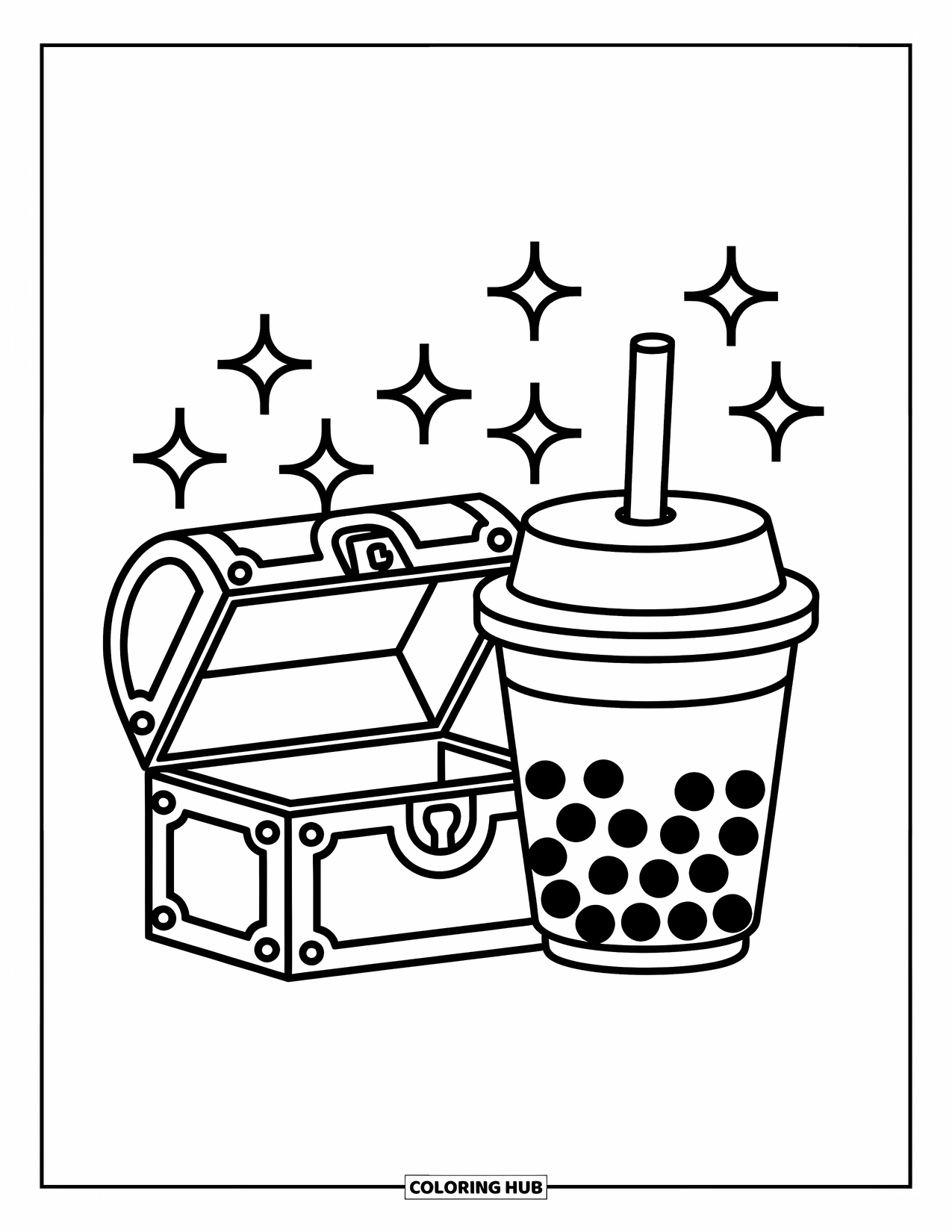 Boba Tea Kleurplaat voor Kinderen: Een boba-beker en een schatkist zitten samen en nodigen uit tot speelse verbeelding en plezier