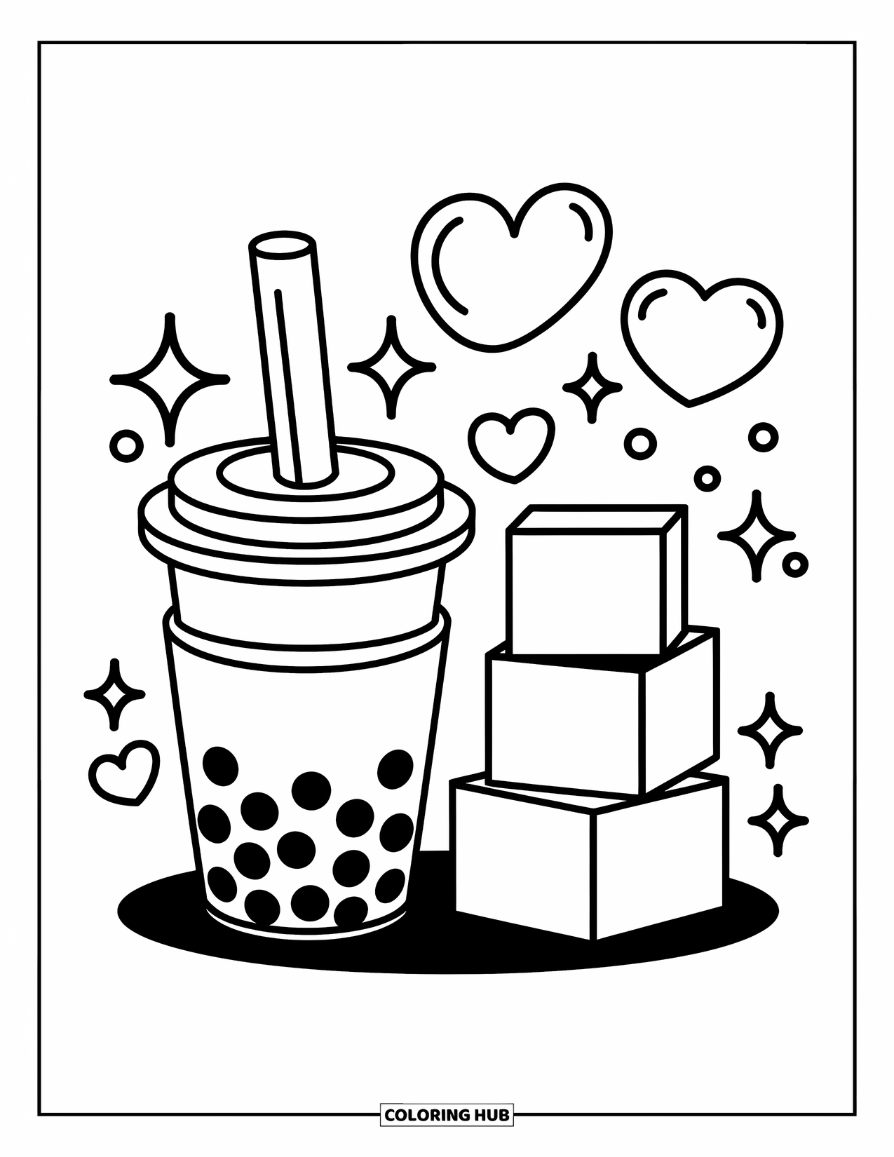 Boba Tea Kleurplaat voor Kinderen: Een boba beker bij twee blokken met wervelende bubbels en harten in de lucht