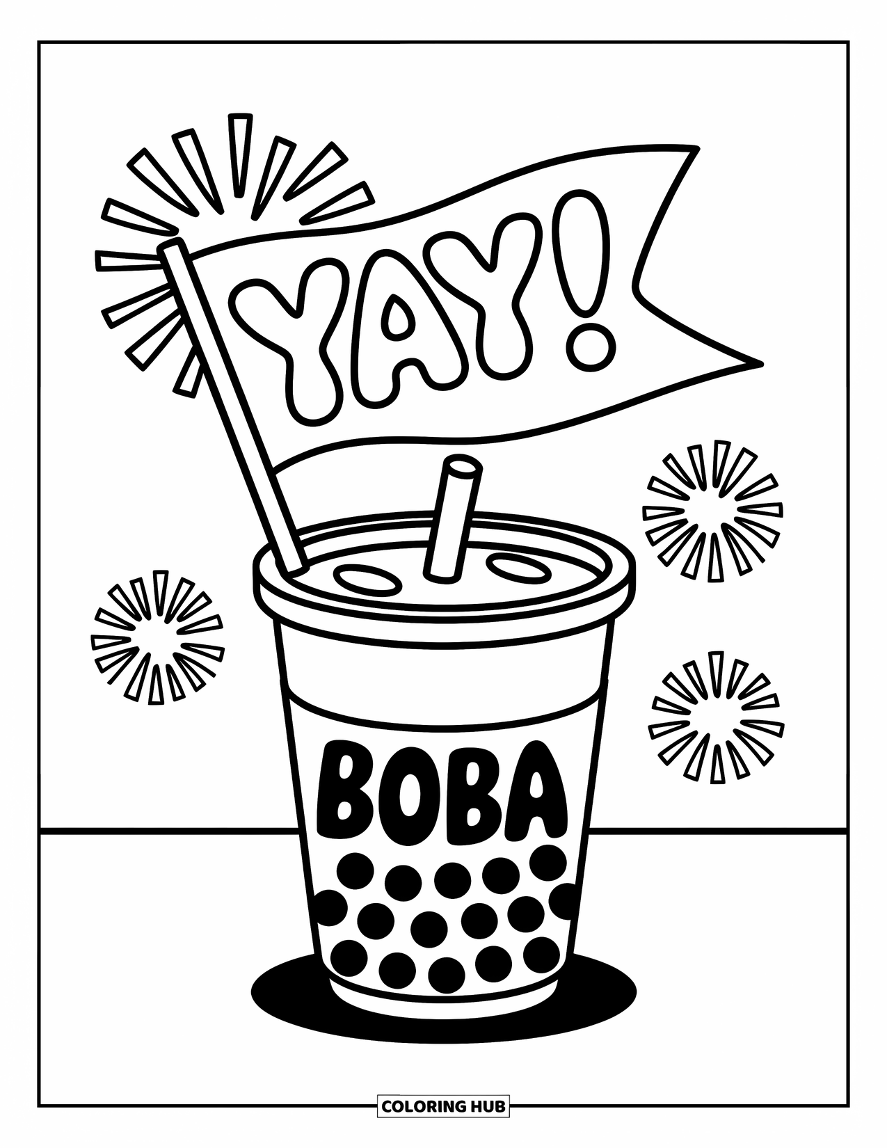 Boba Tea Kleurplaat voor Kinderen: Een boba-beker die een bubbelend "Yay!"-vlaggetje vasthoudt met feestelijk vuurwerk op de achtergrond