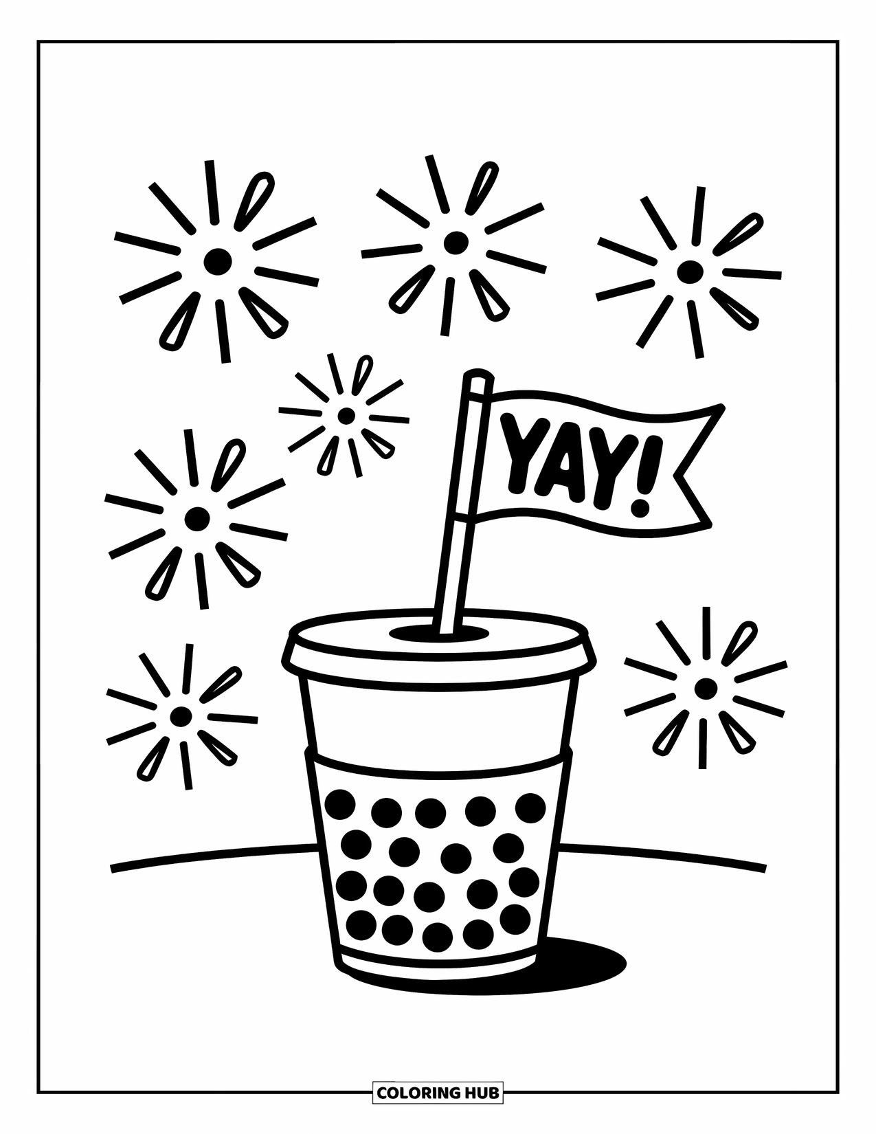 Boba Tea Kleurplaat voor Kinderen: Een boba beker die een speelse "Yay!"-vlag vasthoudt met eenvoudig vuurwerk erachter