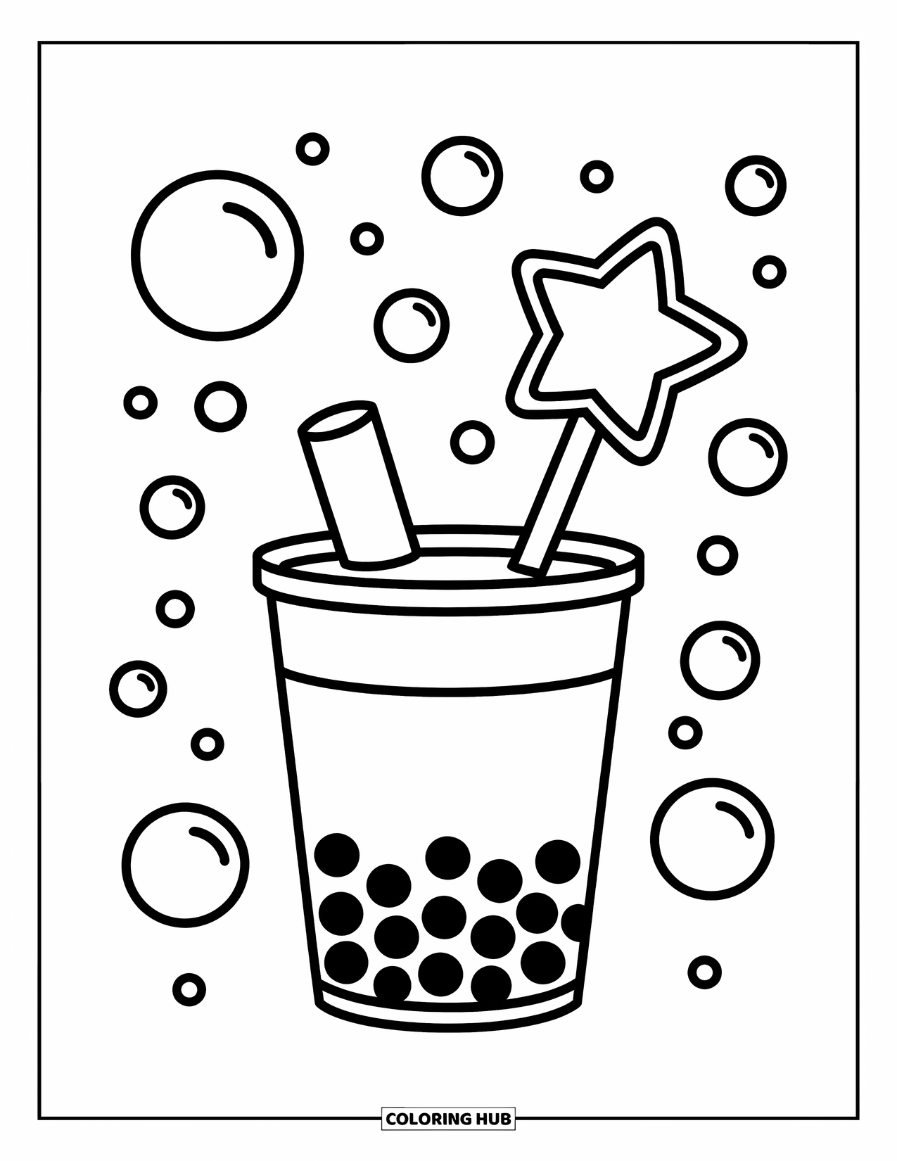 Boba Tea Kleurplaat voor Kinderen: Een boba beker die een stervormige toverstaf vasthoudt, omringd door zwevende bubbels