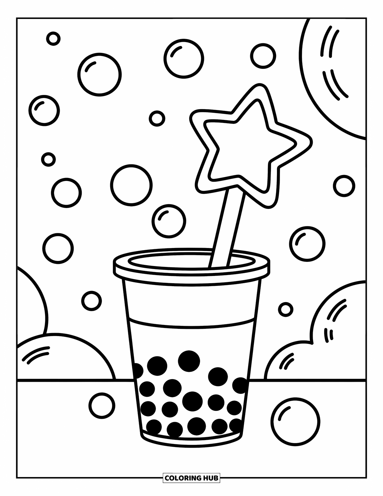 Boba Tea Kleurplaat voor Kinderen: Een boba-beker die een sterrentoverstaf vasthoudt, omringd door zachte, zwevende bubbels