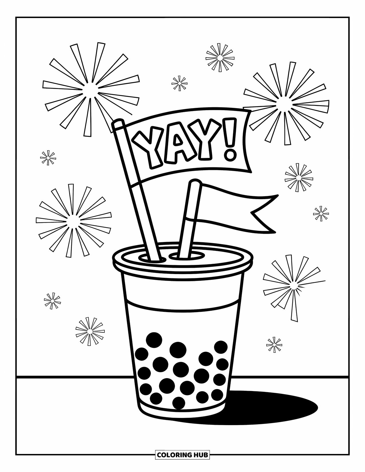 Boba Tea Kleurplaat voor Kinderen: Een boba-beker die een klein "Yay!"-vlaggetje vasthoudt met vuurwerk dat erachter uitbarst