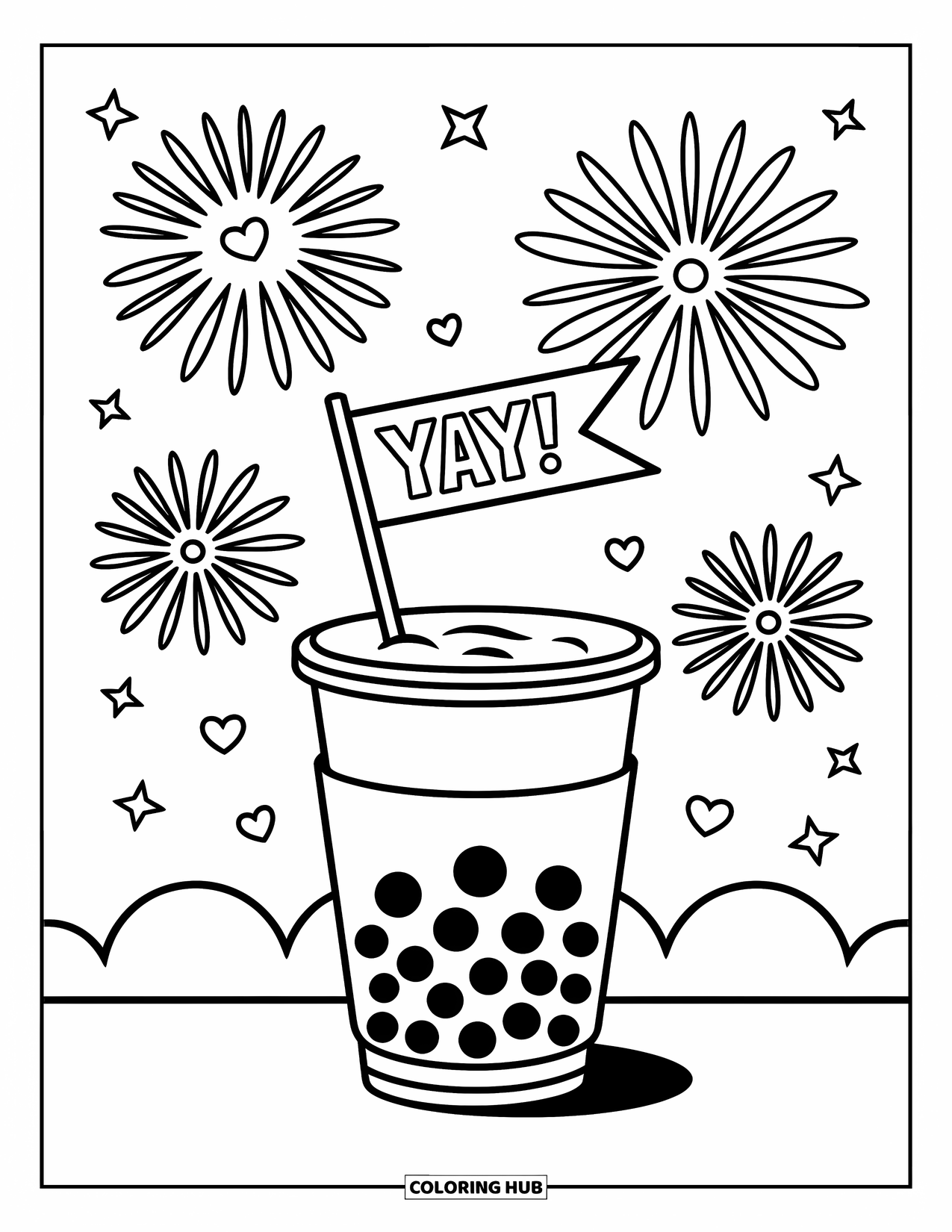 Boba Tea Kleurplaat voor Kinderen: Een boba beker die een "Yay!"-vlag vasthoudt met vuurwerk, sterren en harten eromheen