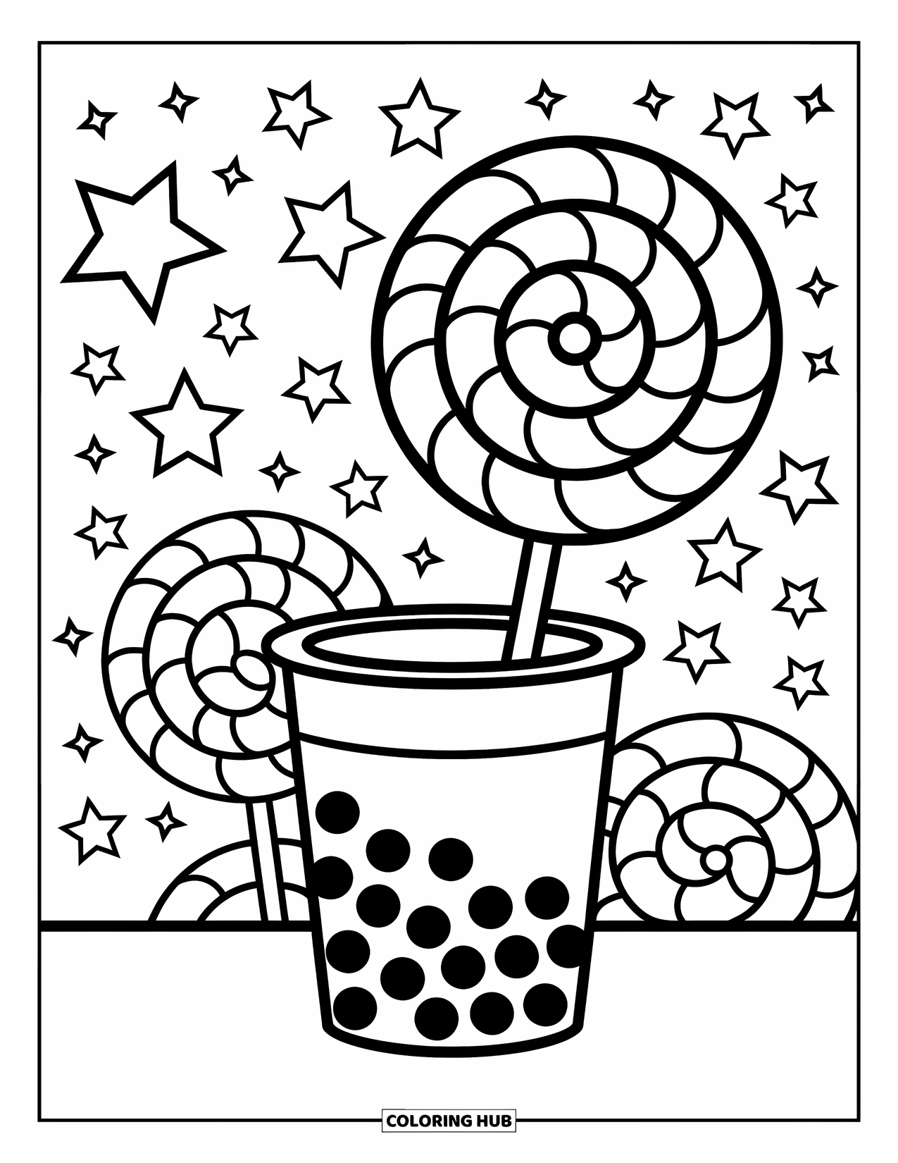 Boba Tea Kleurplaat voor Kinderen: Een boba beker houdt een grote lolly met spiralen vast, met sterren die op de achtergrond dansen