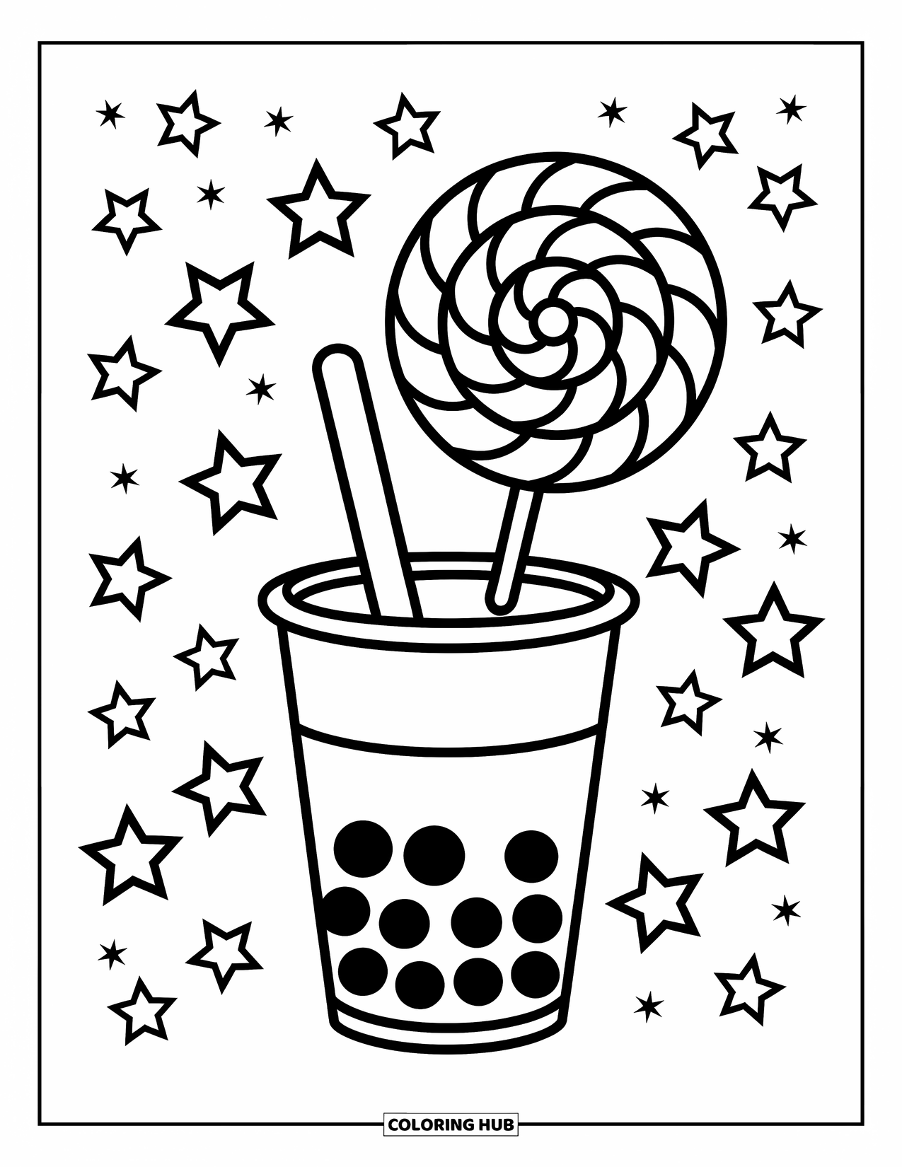 Boba Tea Kleurplaat voor Kinderen: Een boba-beker houdt een lolly vast met spiralen en sterren die eromheen wervelen