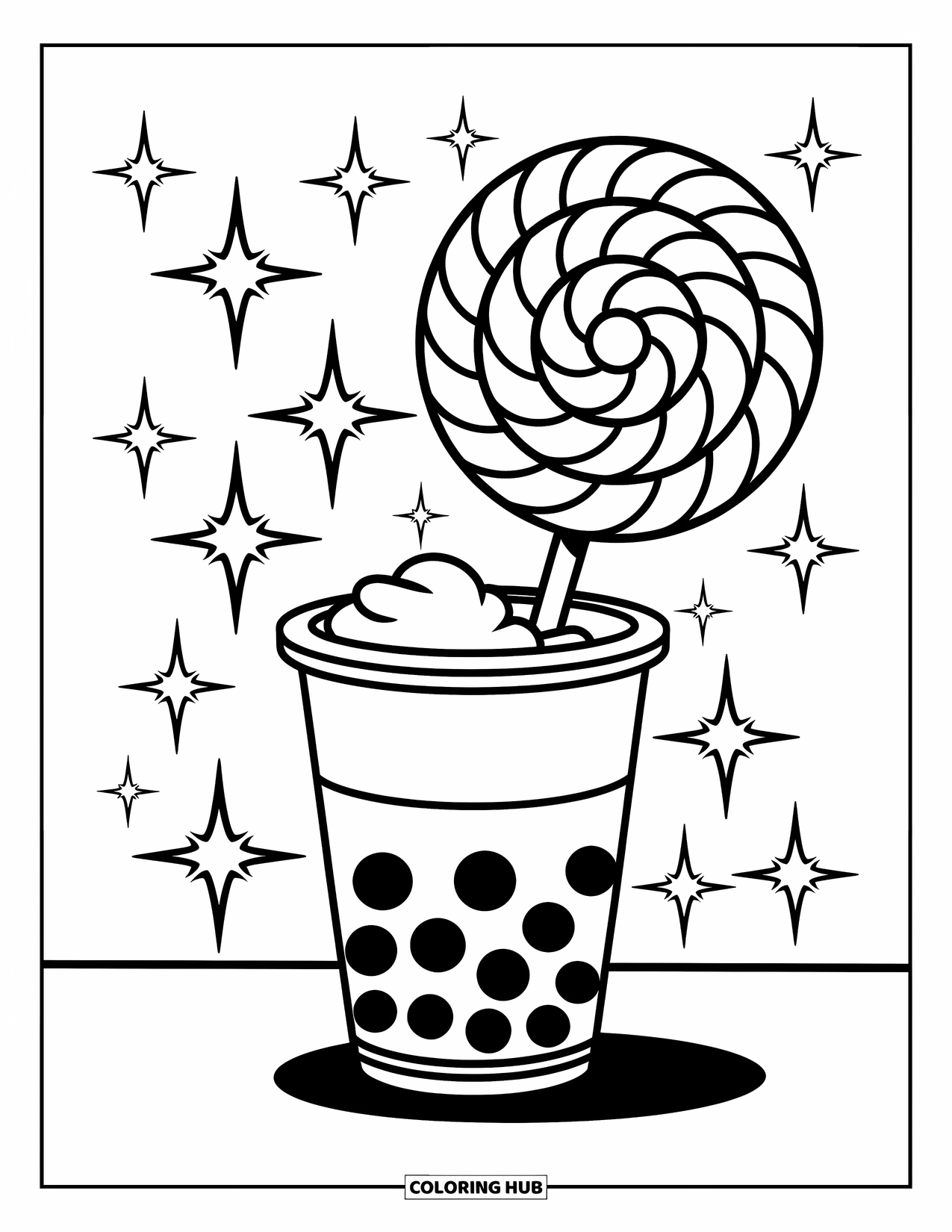 Boba Tea Kleurplaat voor Kinderen: Een boba-beker houdt een lolly vast met spiralen, omringd door sprankelende stervormen