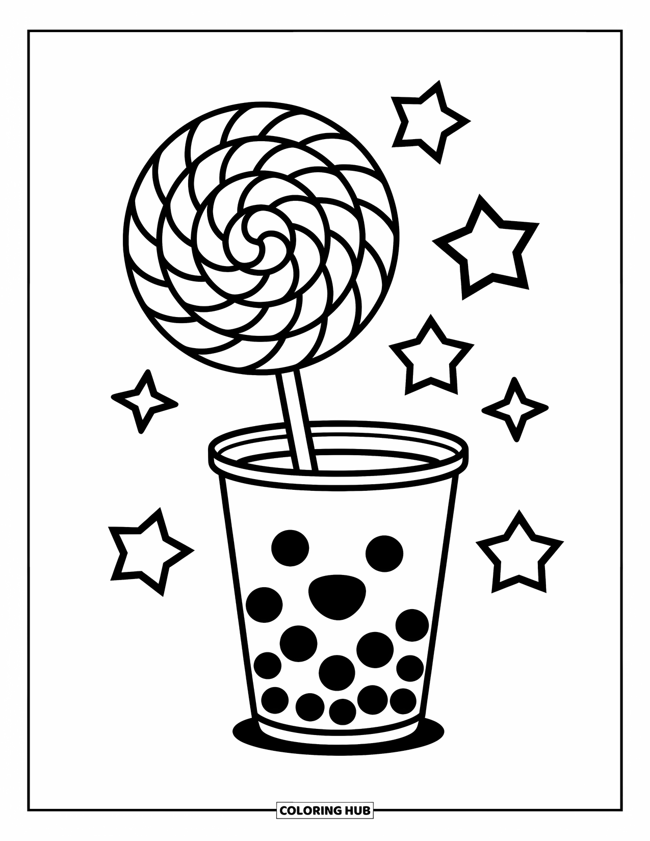 Boba Tea Kleurplaat voor Kinderen: Een boba-beker houdt een spiraalvormige lolly vast, omringd door speelse sterren en wervelingen