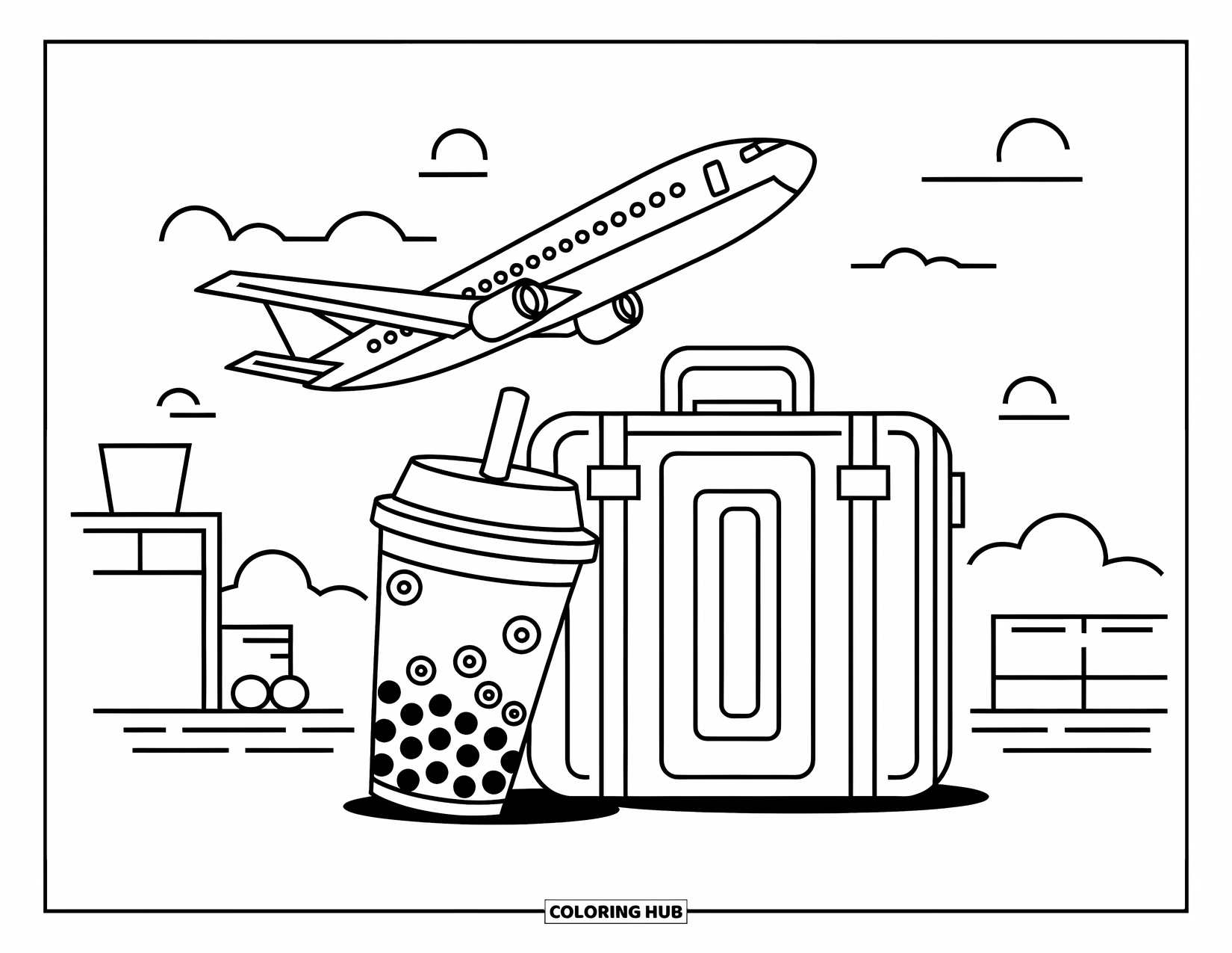Boba Tea Kleurplaat voor Kinderen: Een boba beker leunt tegen een koffer met vliegtuigen en een luchthavenscène erachter