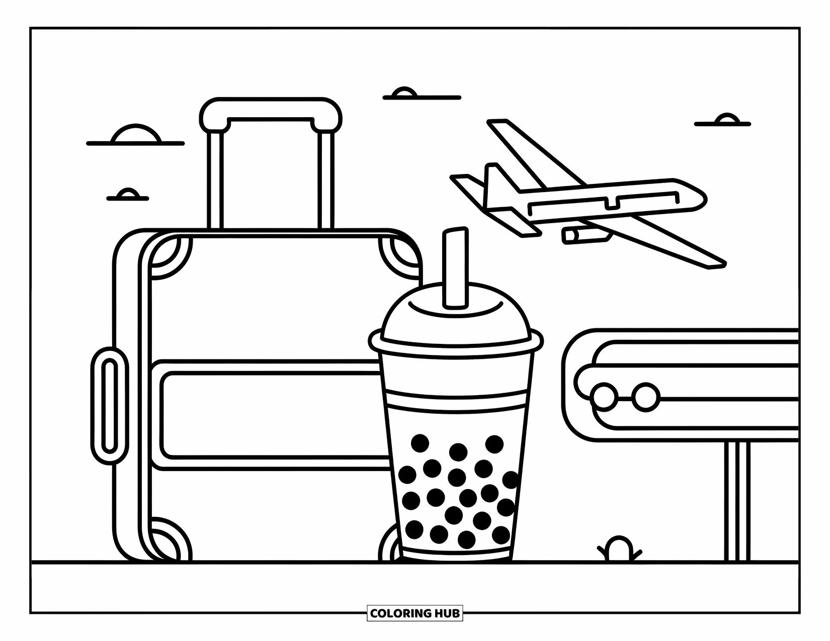 Boba Tea Kleurplaat voor Kinderen: Een boba beker leunt op een reiskoffer met vliegtuiglijnkunst erboven en een luchthavenlandschap