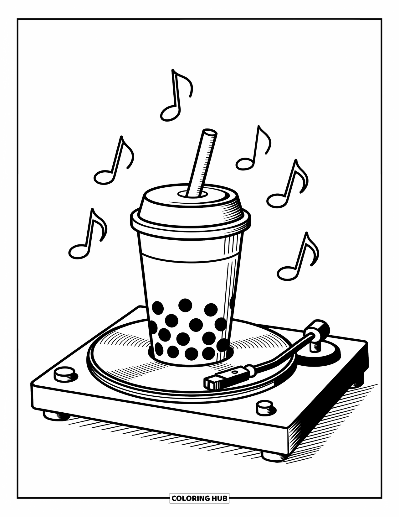 Boba Tea Kleurplaat voor Kinderen: Een boba-beker leunt op een draaitafel met muzieknoten die in de lucht dansen