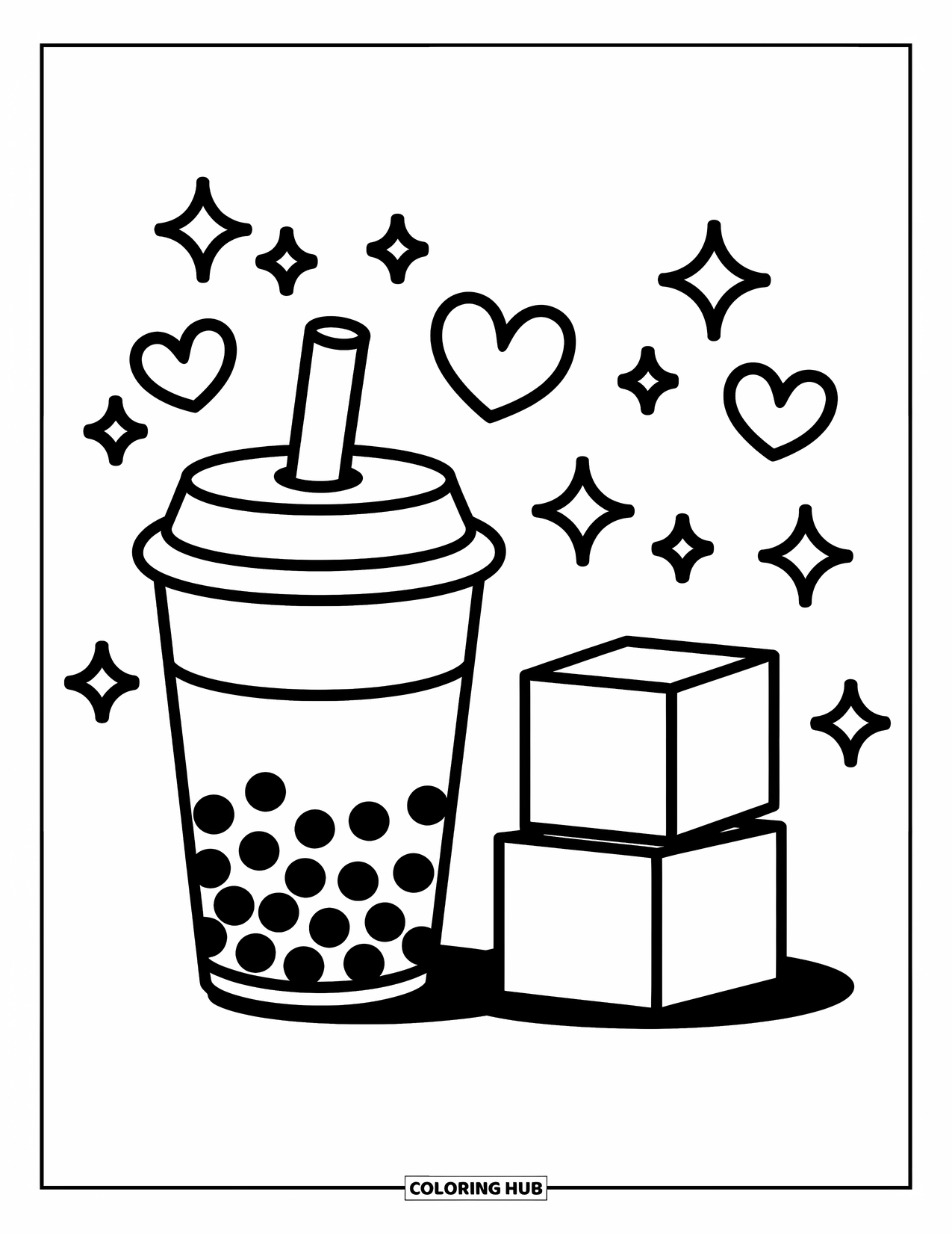 Boba Tea Kleurplaat voor Kinderen: Een boba beker naast twee bouwstenen met bubbels, harten en glitters die rondzweven