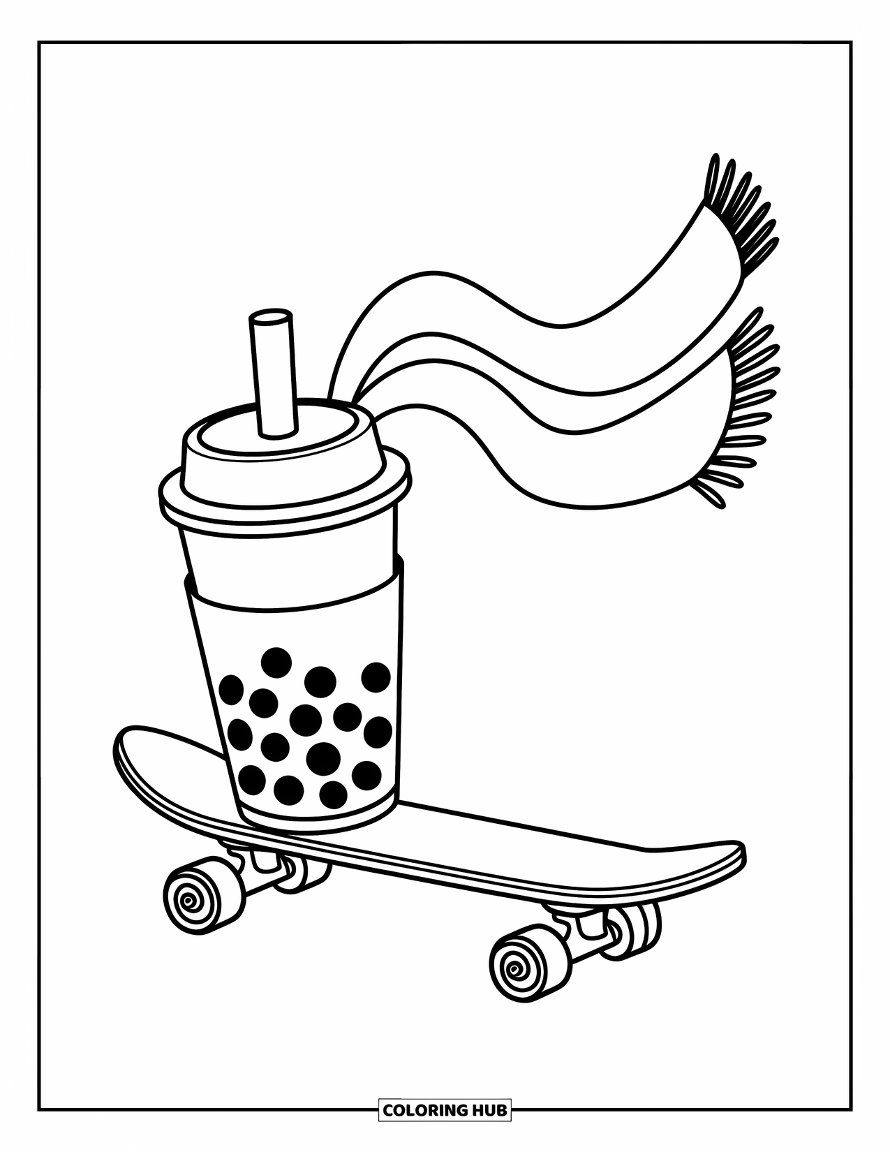 Boba Tea Kleurplaat voor Kinderen: Een boba-beker op een skateboard met een wapperende sjaal en speelse patronen