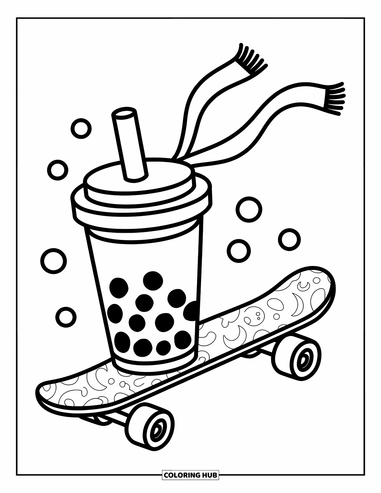 Boba Tea Kleurplaat voor Kinderen: Een boba-beker op een skateboard met bubbels die zweven en een sjaal die erachteraan sleept