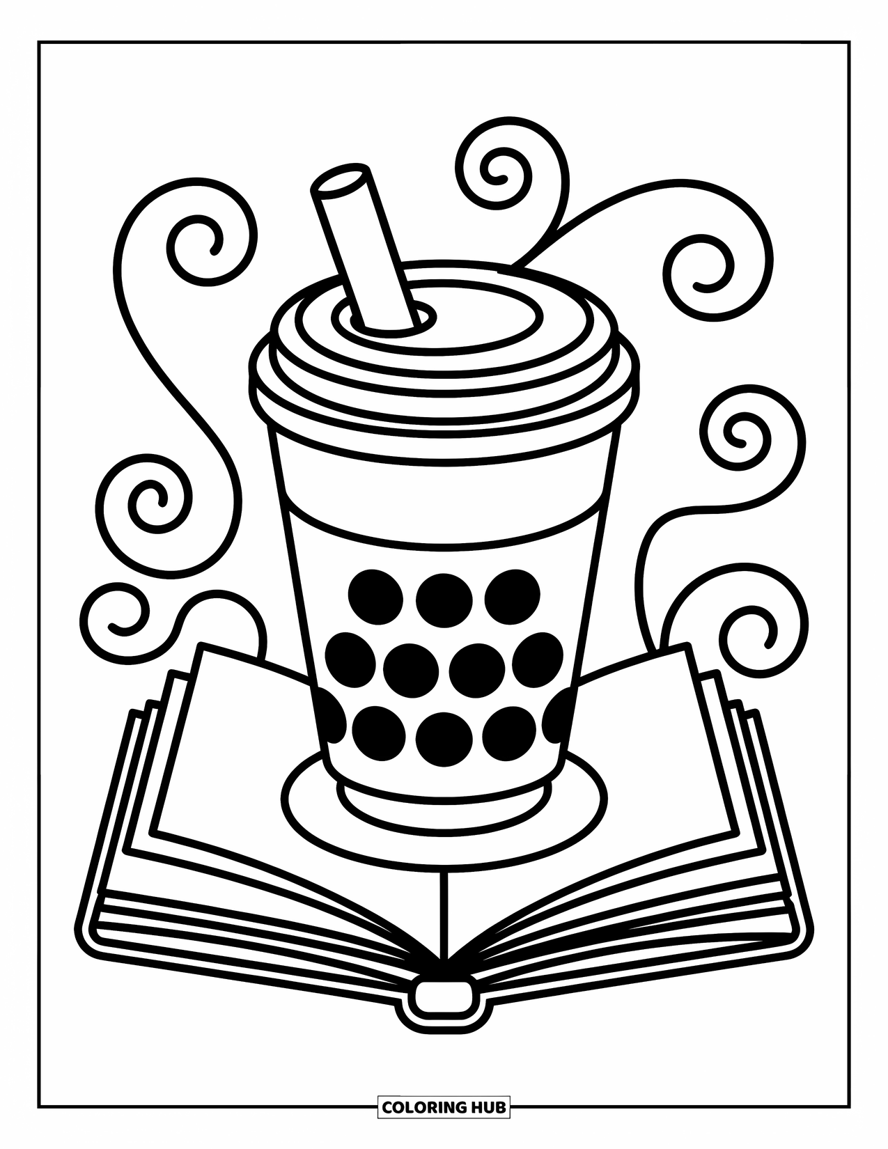 Boba Tea Kleurplaat voor Kinderen: Een boba beker die een open boek leest met wervelingen eromheen, omlijnd in gedurfde lijnen