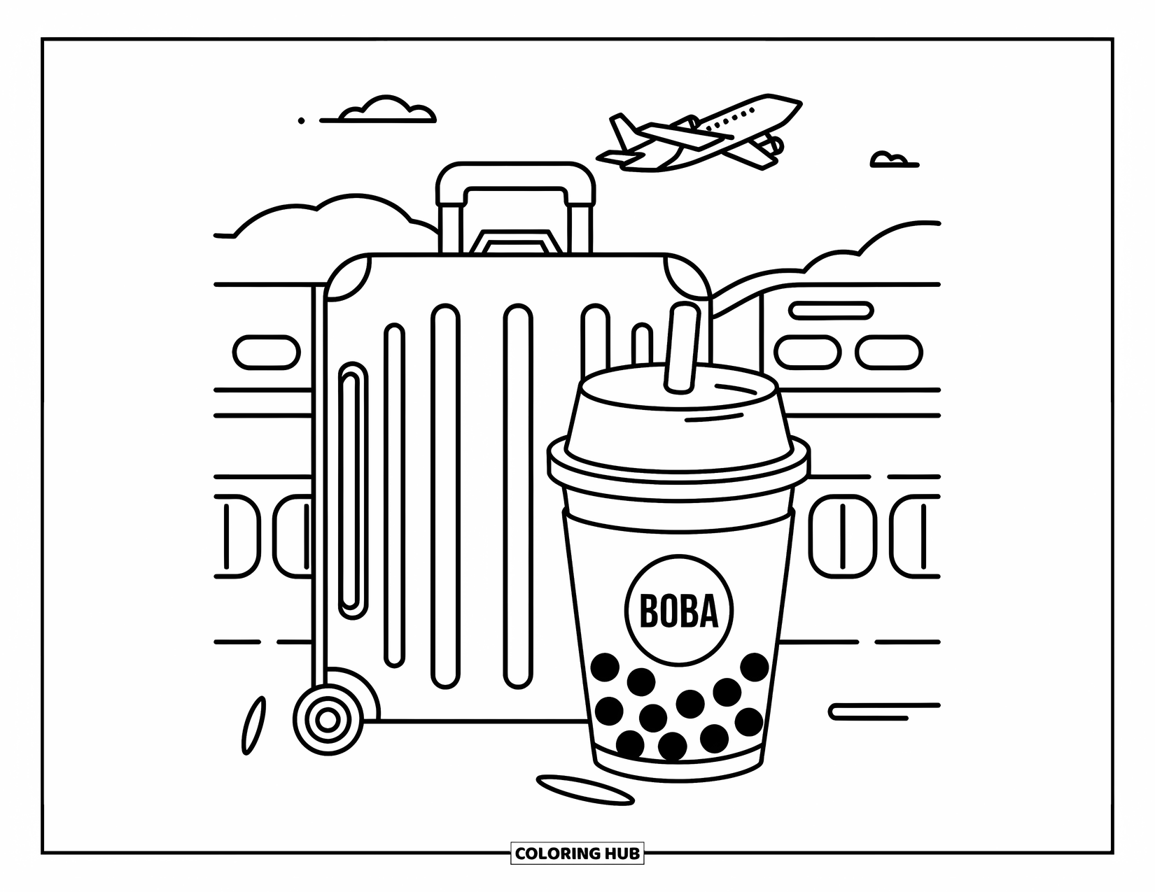 Boba Tea Kleurplaat voor Kinderen: Een boba-beker rust bij een koffer met vliegtuiglijnen en een luchthavenachtergrond