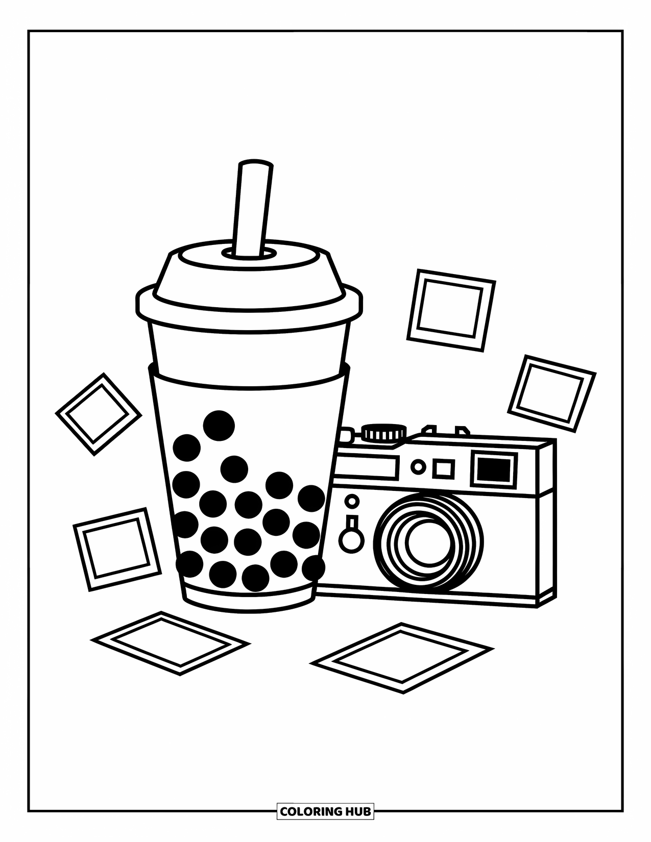 Boba Tea Kleurplaat voor Kinderen: Een boba-beker rust bij een vintage camera, omringd door eenvoudige fotoafdrukken