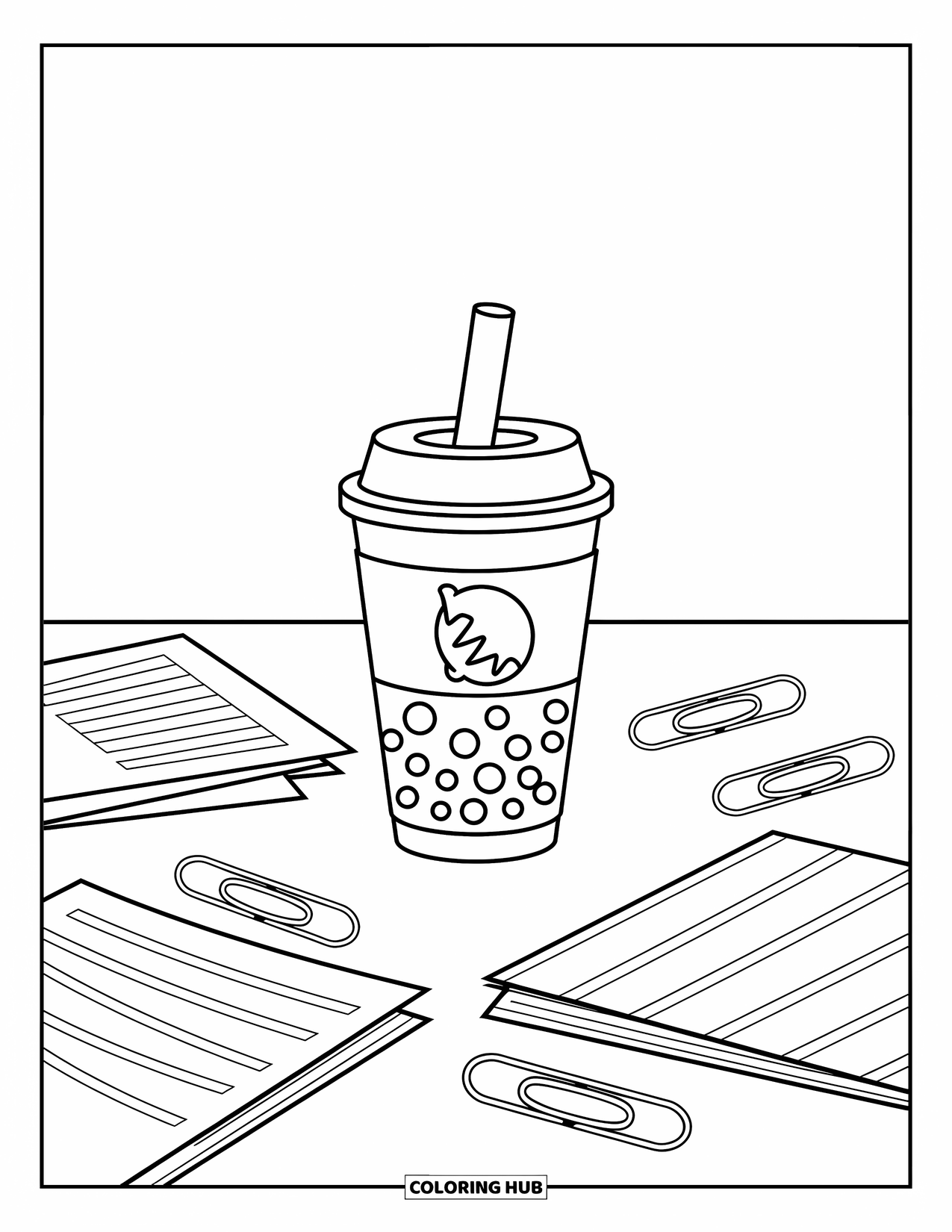 Boba Tea Kleurplaat voor Kinderen: Een boba-beker rust op een bureau met verspreide papieren en kleine paperclips in de buurt