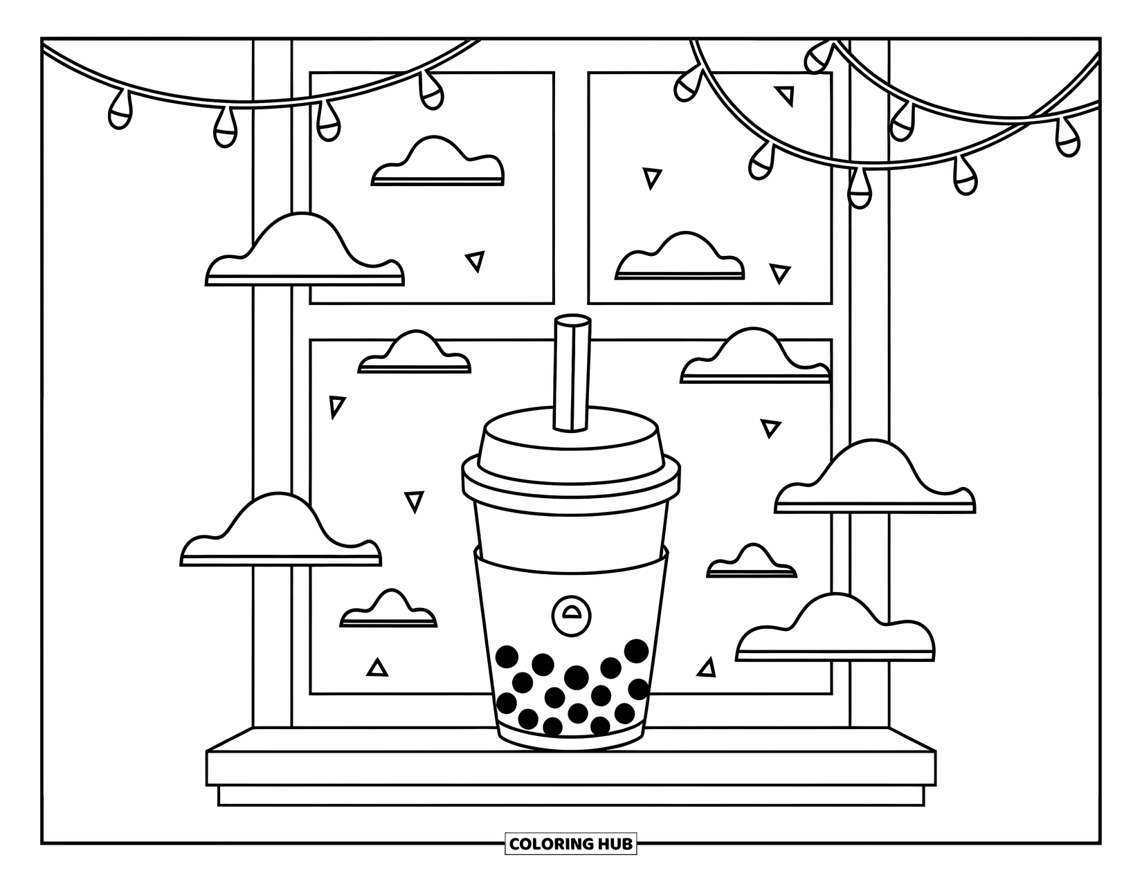 Boba Tea Kleurplaat voor Kinderen: Een boba-beker rust op een vensterbank met zachte wolken buiten en zachte lichtslingers erboven