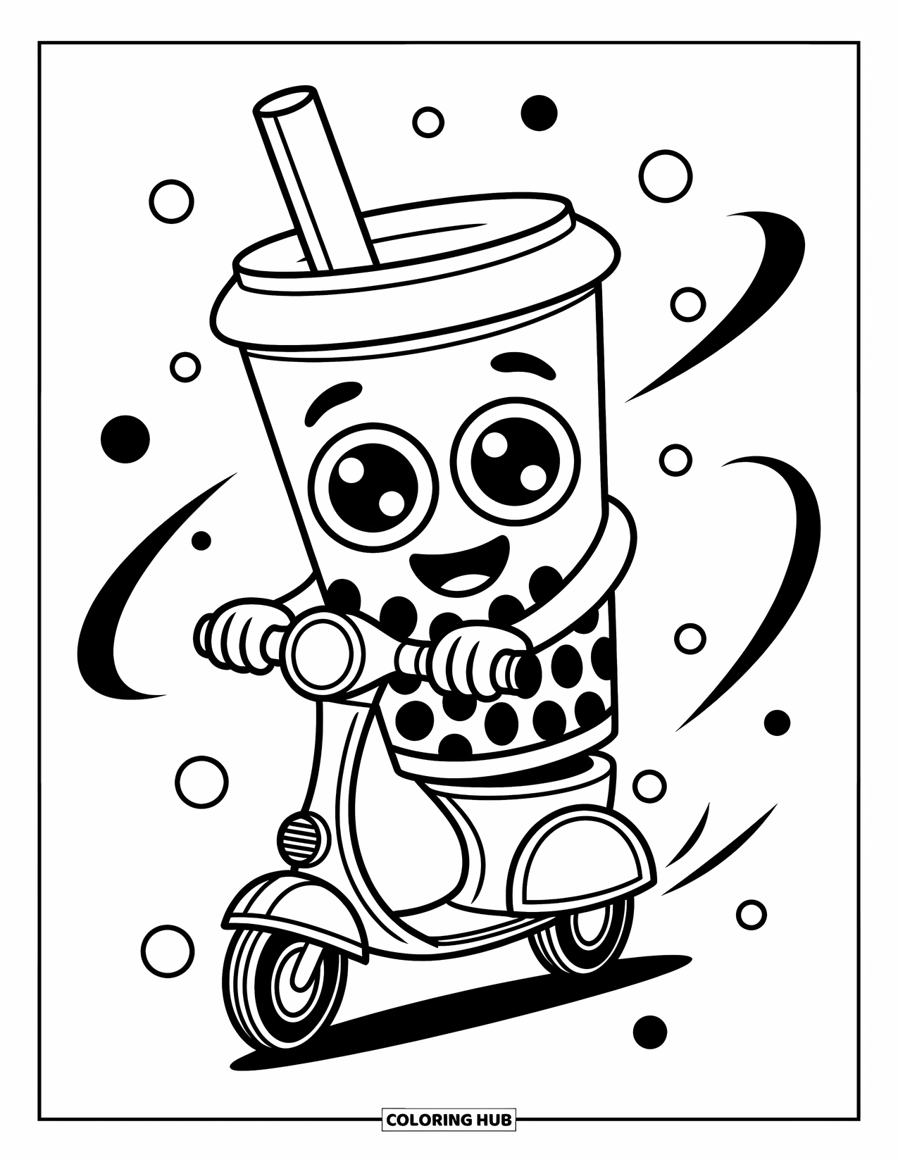 Boba Tea Kleurplaat voor Kinderen: Een boba-beker rijdt op een scooter met zwierlijnen en cirkels die speelse beweging toevoegen