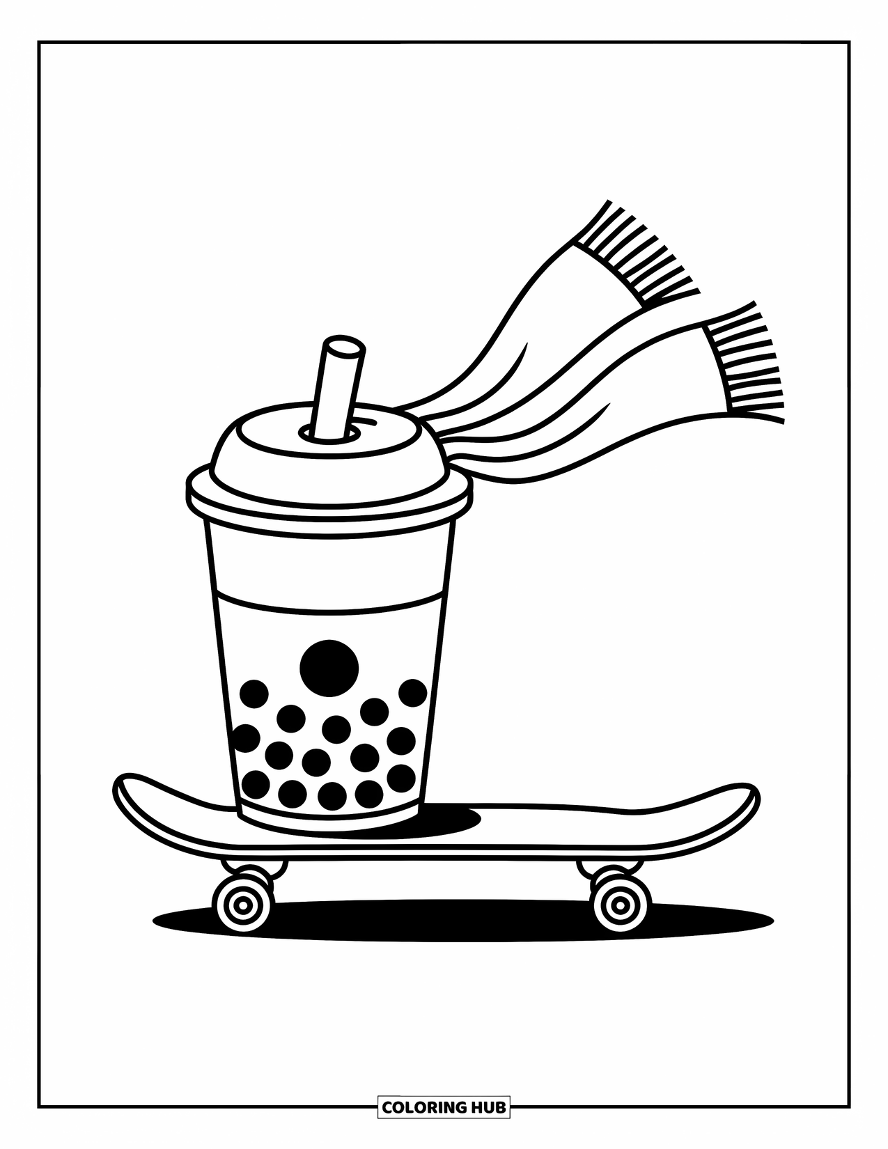 Boba Tea Kleurplaat voor Kinderen: Een boba-beker die op een skateboard rijdt met een sjaal die achter hem aan wappert als een cape