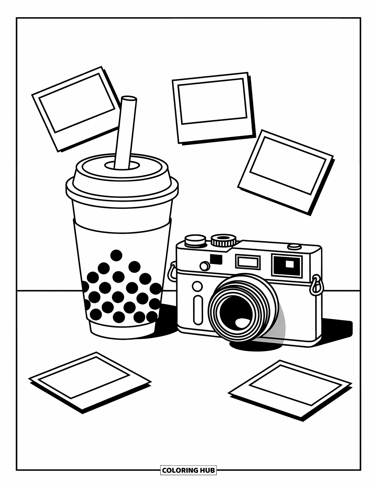 Boba Tea Kleurplaat voor Kinderen: Een boba beker zit naast een camera met verspreide foto's en strakke, gedurfde contouren